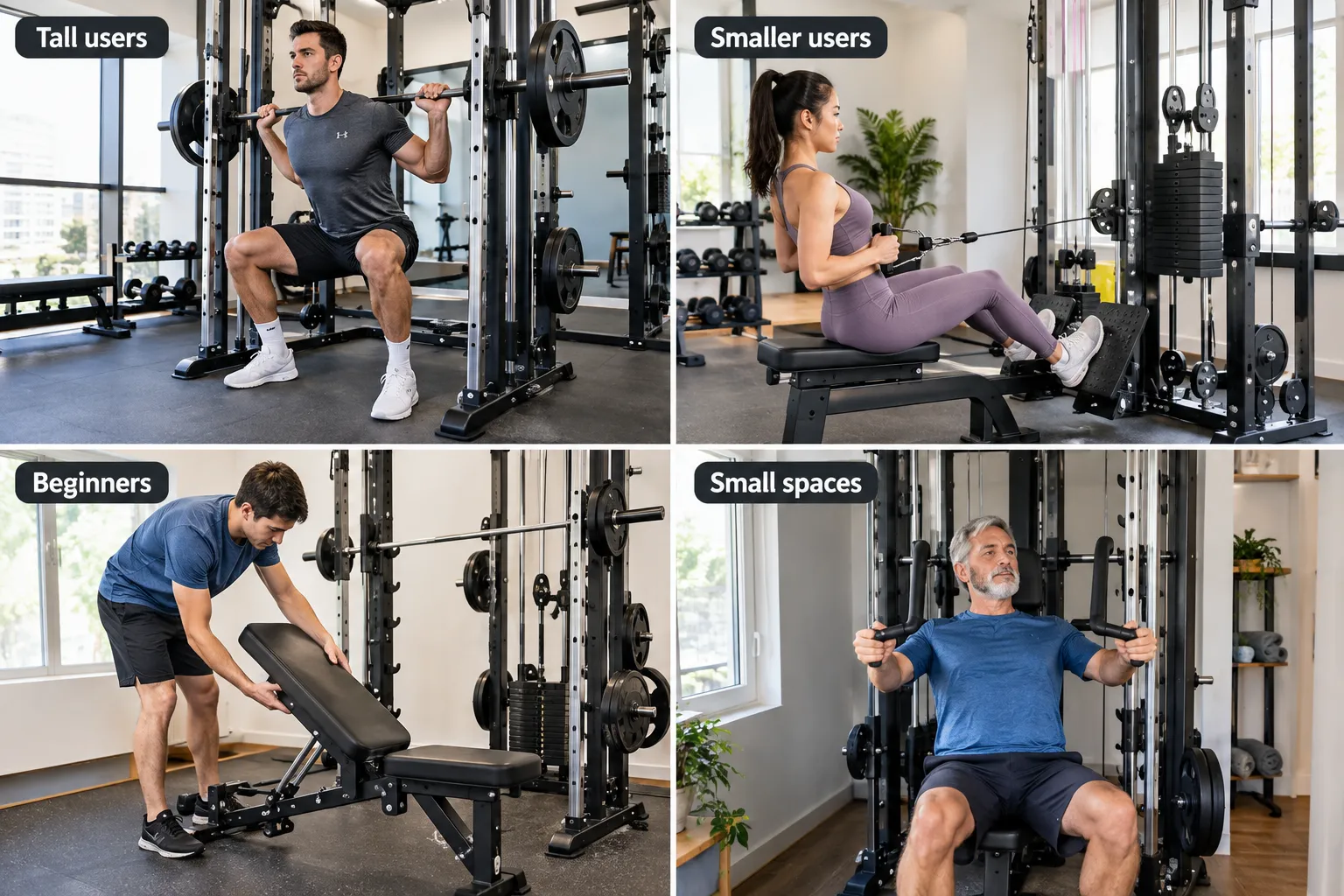 Four panel documentary photo collage in bright natural light showing four different people using a modular Smith machine style rack: a tall athletic man doing a squat, a petite woman doing a seated cable row, a beginner adjusting a bench, and an older adult doing a chest press, each panel labeled simply 'Tall users', 'Smaller users', 'Beginners', 'Small spaces', realistic gym clothing and varied skin tones and ages. Assembly, Setup Issues, and Warranty