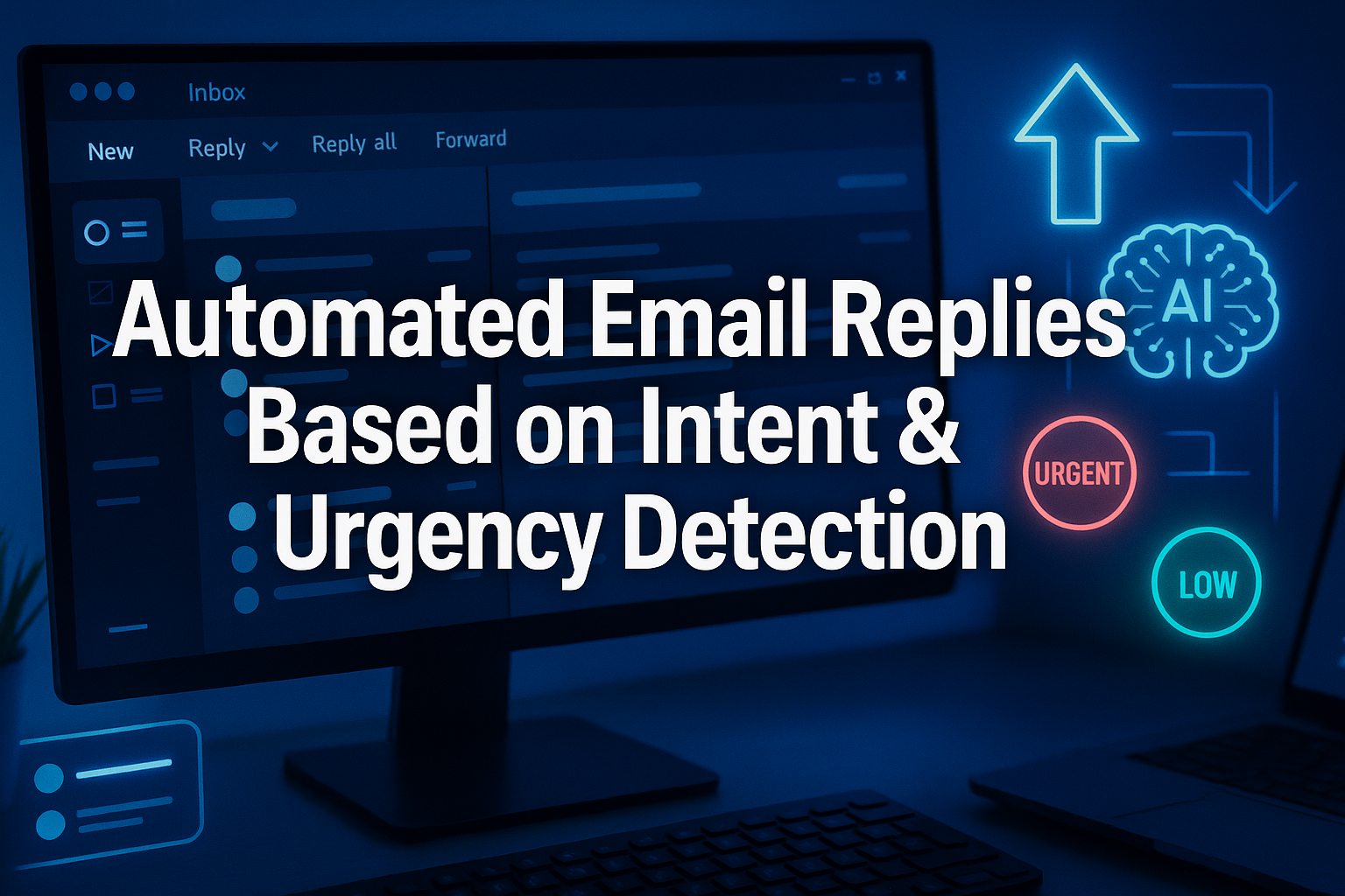 Professional landscape hero image (1536x1024) featuring bold text overlay 'Automated Email Replies Based on Intent & Urgency Detection' in e