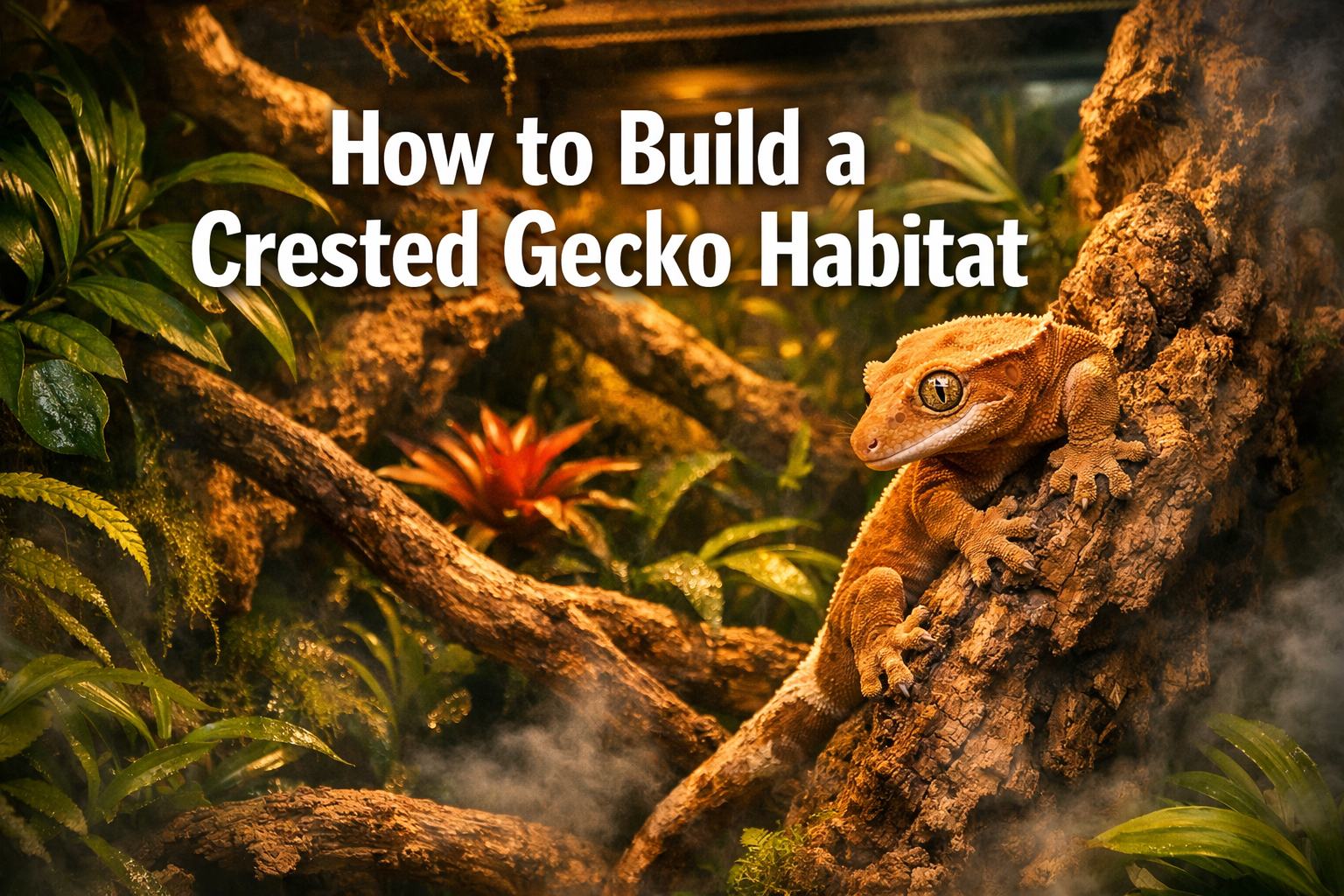 Professional landscape format (1536x1024) hero image featuring bold text overlay 'How to Build a Crested Gecko Habitat' in extra large 70pt
