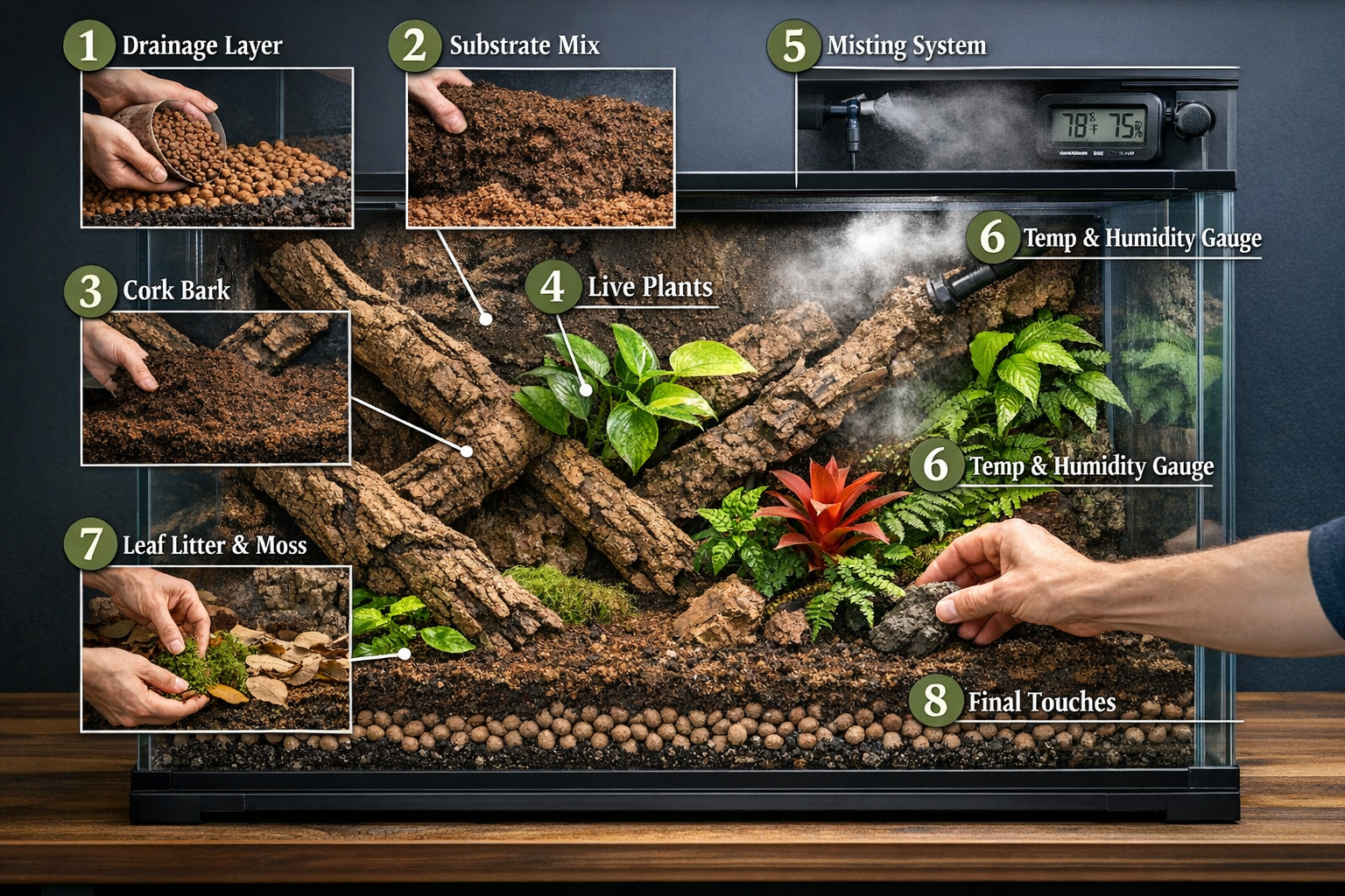 Detailed landscape format (1536x1024) image showing step-by-step terrarium setup process with glass enclosure, substrate layers, cork bark b