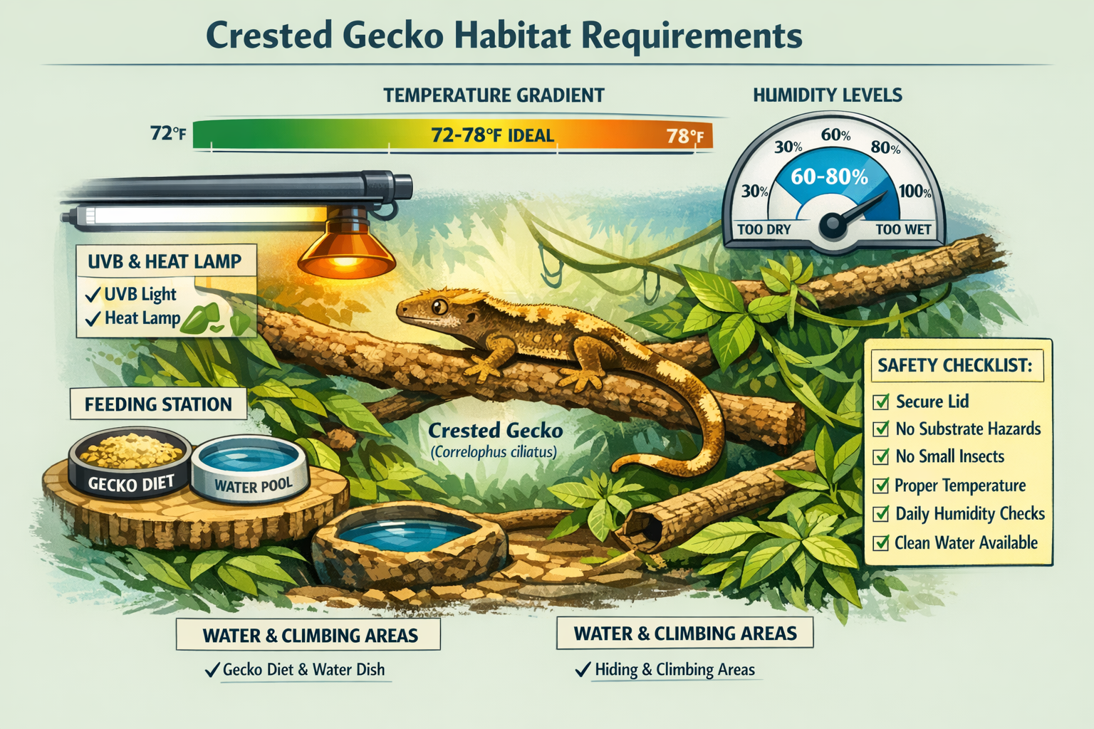 Comprehensive landscape format (1536x1024) infographic displaying crested gecko habitat requirements with visual temperature gradient from 7
