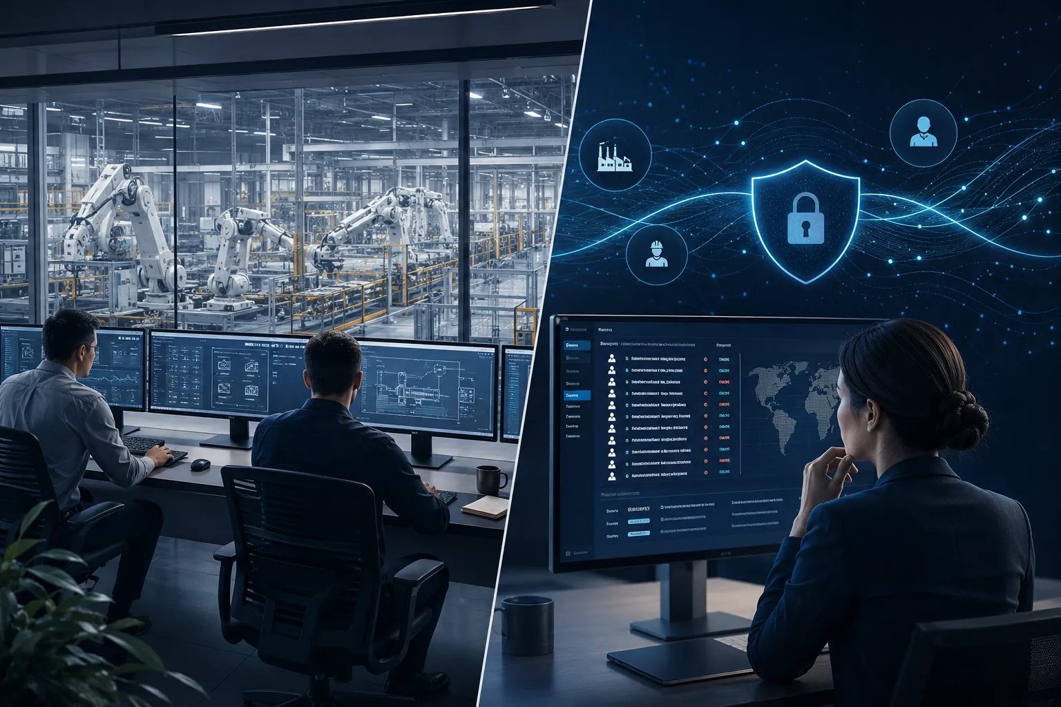 Editorial () split-screen composition: left side shows traditional manufacturing control room with multiple monitors