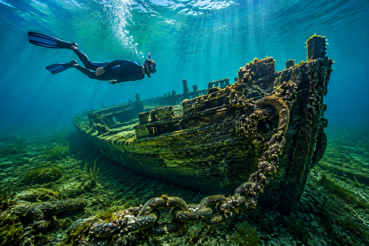 Dramatic underwater photography scene inside Fathom Five National Marine Park, showing a snorkeler in wetsuit and fins