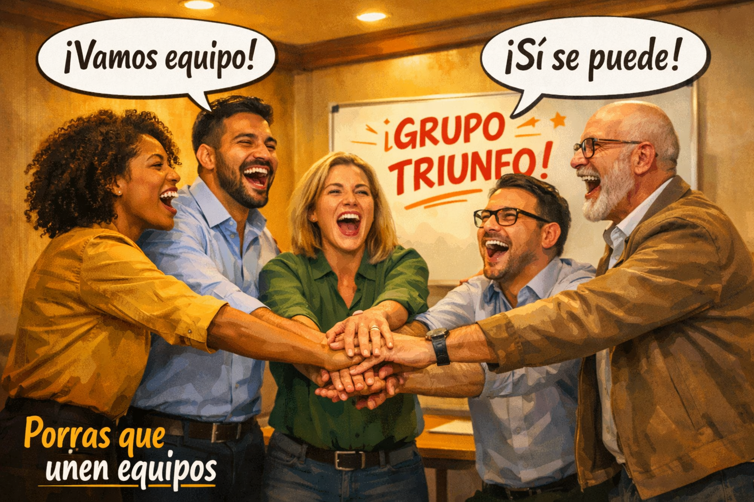 () illustration showing a diverse team of five professionals in a modern meeting room, standing in a circle with hands