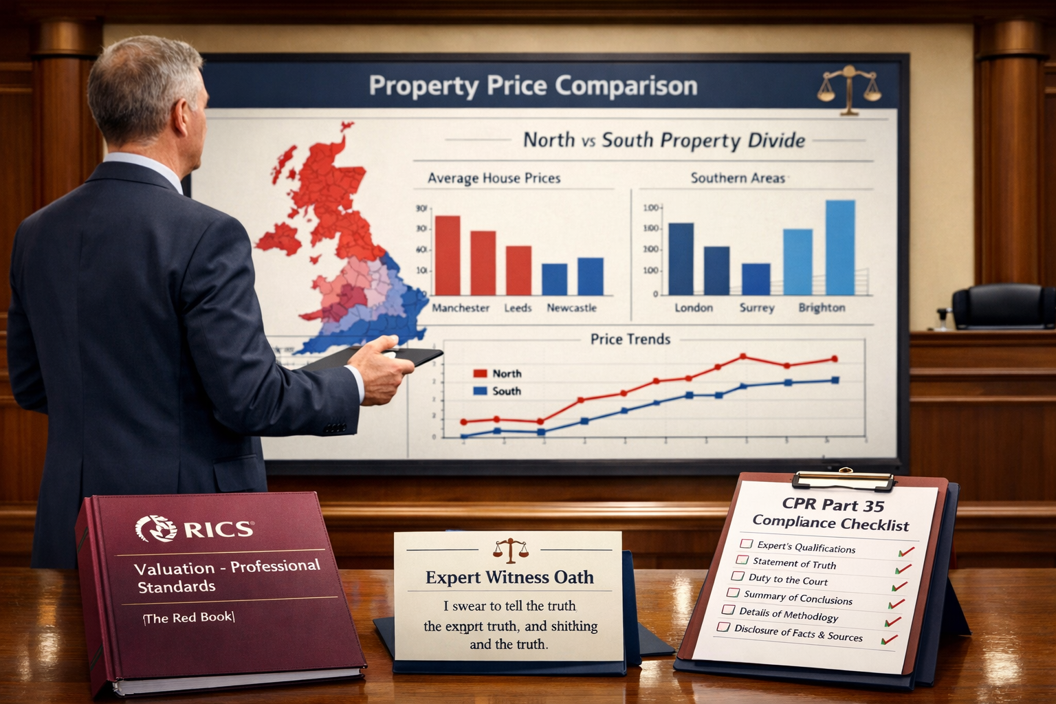 Detailed () image showing professional surveyor in business attire standing before large interactive digital display
