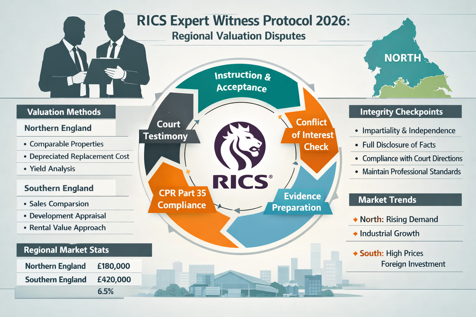 Wide () infographic-style visualization displaying comprehensive RICS expert witness protocol flowchart for 2026 regional