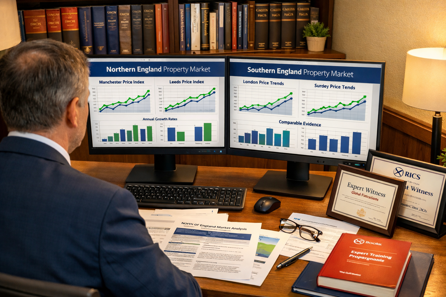 Detailed () image depicting modern professional office environment where RICS-qualified surveyor prepares expert witness