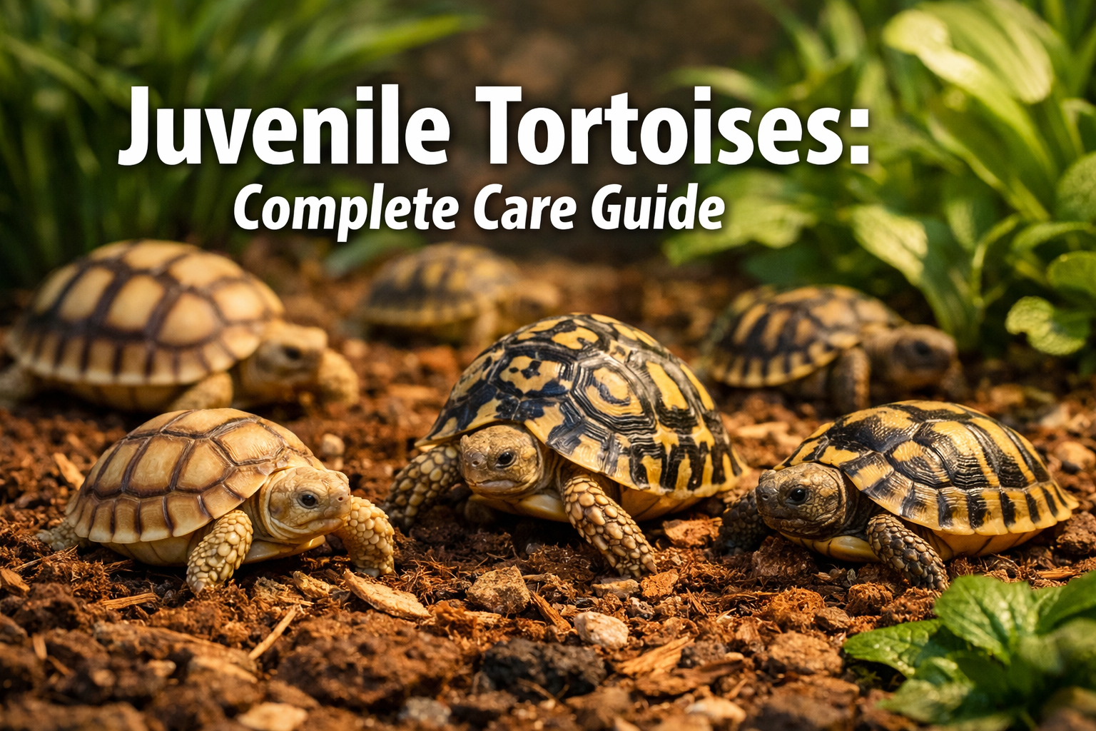 Professional landscape hero image (1536x1024) featuring bold text overlay 'Juvenile Tortoises: Complete Care Guide' in extra large 70pt whit