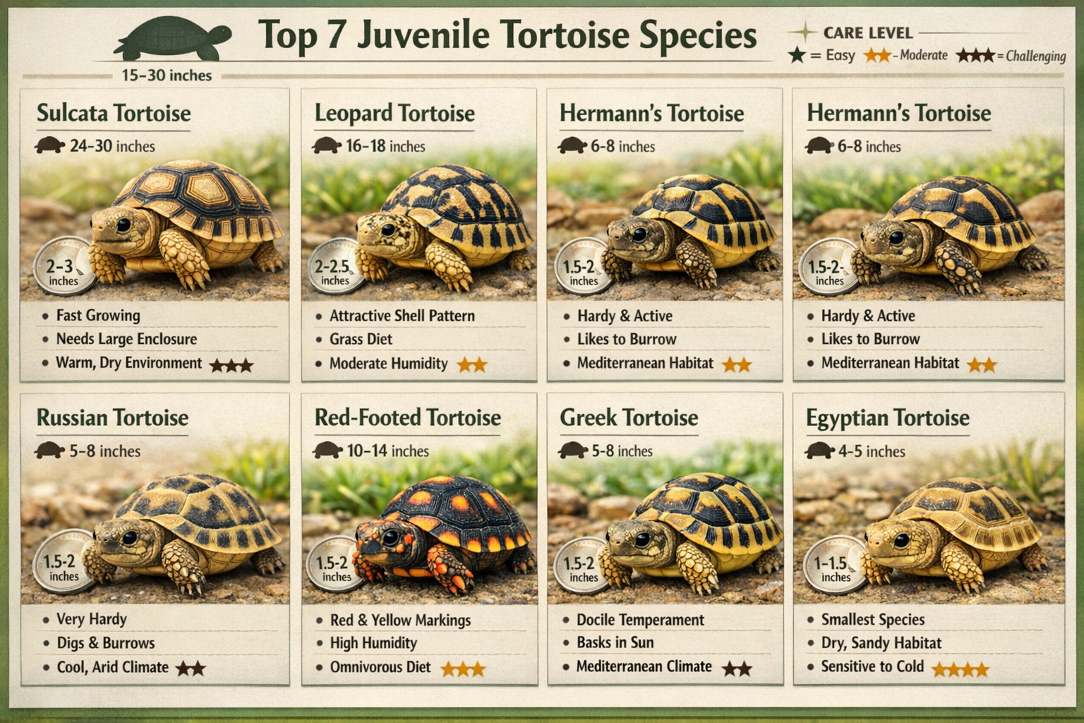 Detailed infographic showing the top 7 juvenile tortoise species in a grid layout: sulcata, leopard, hermann's, russian, red-footed, greek, 