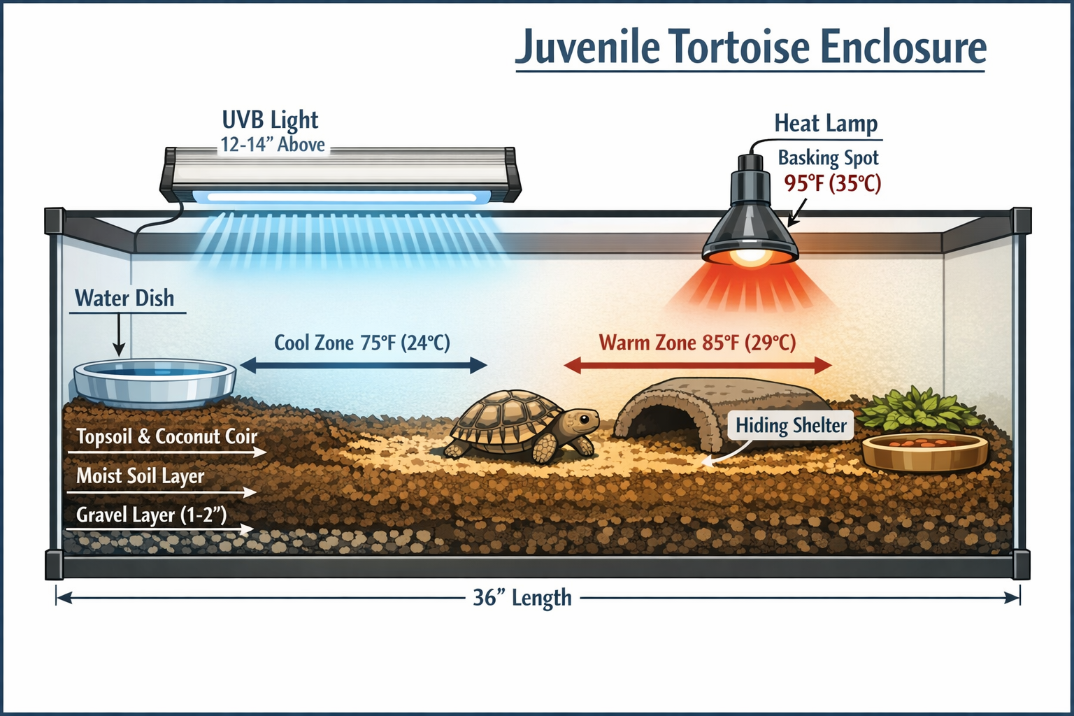 Comprehensive habitat setup diagram showing proper juvenile tortoise enclosure with labeled components: UVB lighting fixture, basking spot w