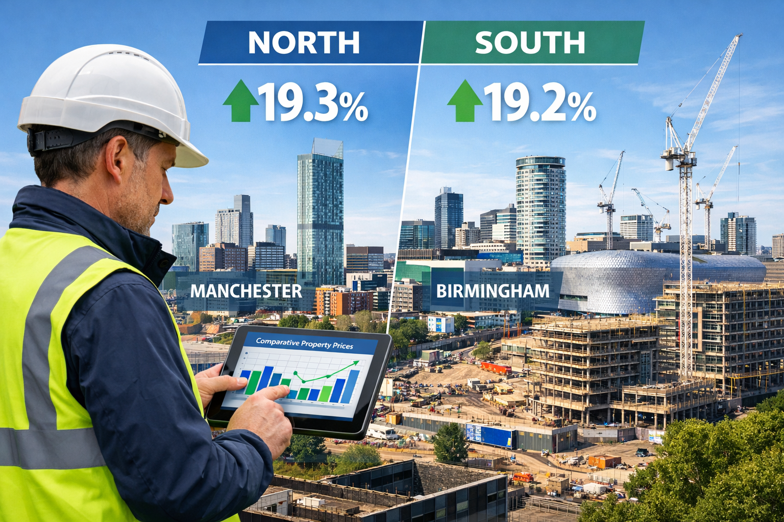 Detailed () editorial image showing professional surveyor in hard hat examining property with digital tablet displaying
