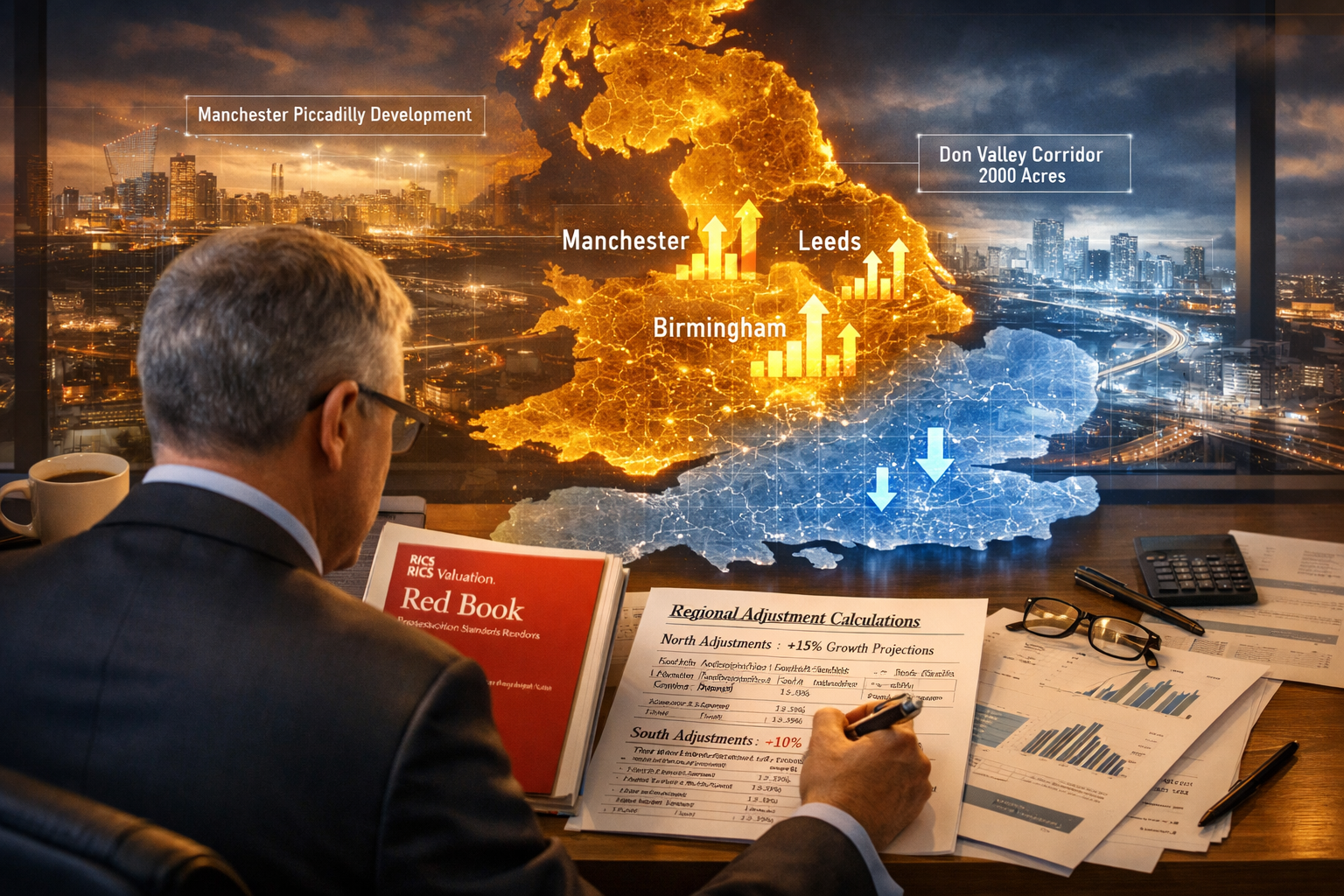 Detailed () conceptual business image showing regional UK property market divergence, large illuminated map of Britain with