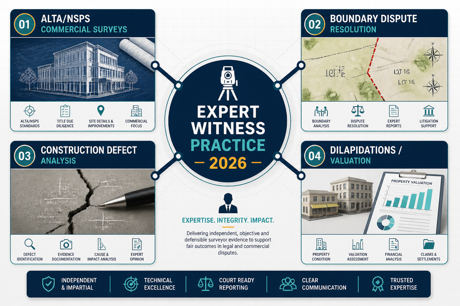 Detailed () infographic-style illustration showing four expert witness surveyor specialization pathways arranged as