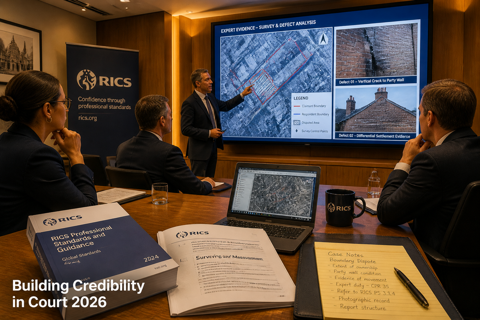 Wide-angle interior shot () of a professional legal conference room where a formally dressed surveyor-expert presents