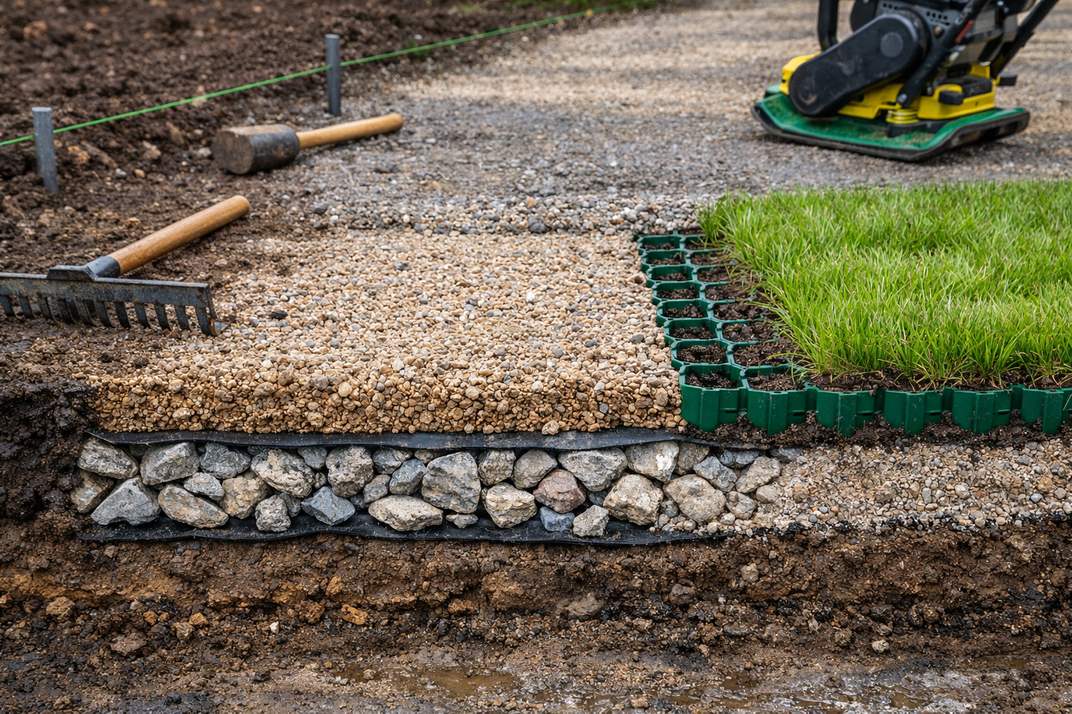 () close technical cutaway-style realistic scene of gravel and Grass Driveways under construction, showing layered base