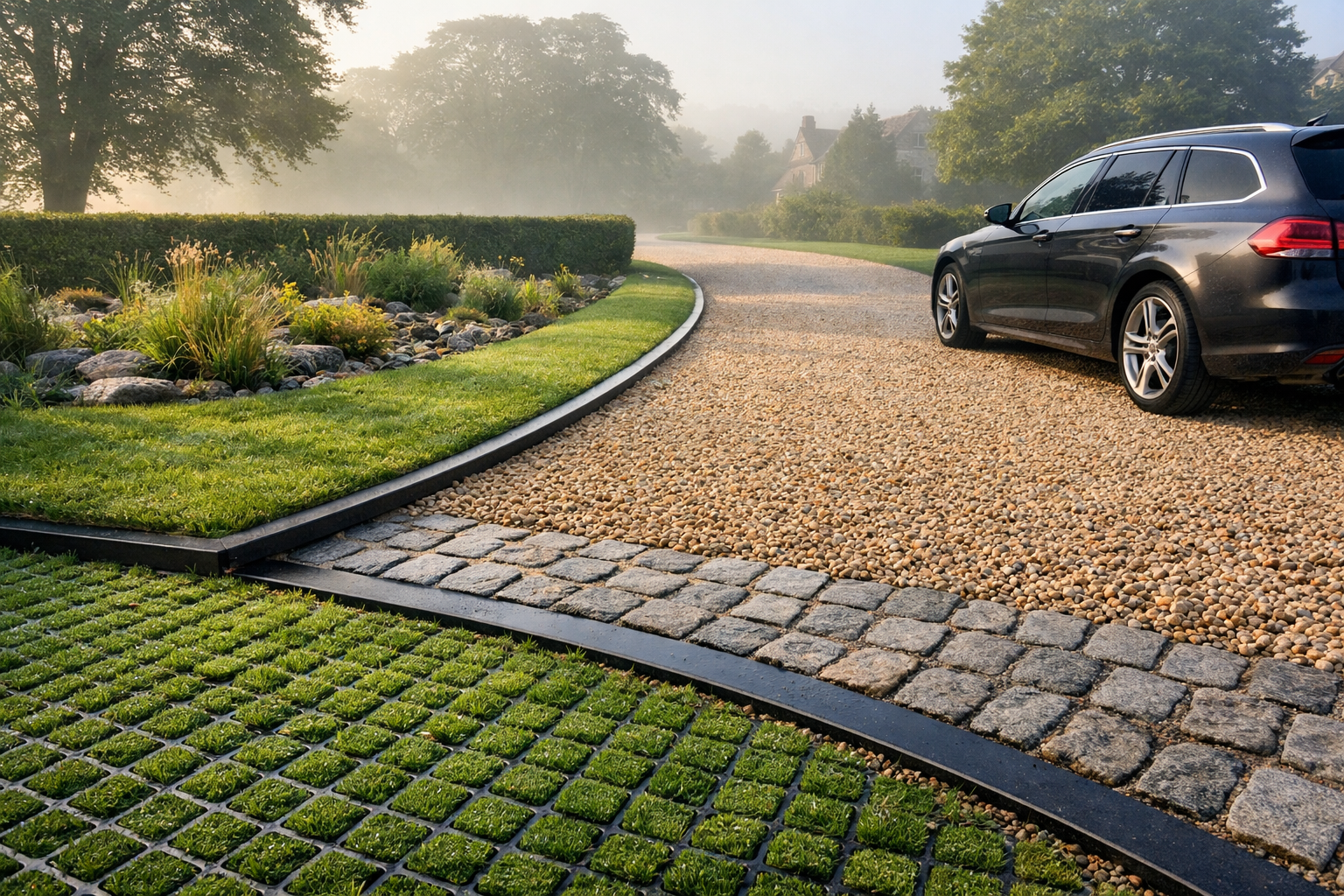 () low-angle driveway design scene at a prestige property where gravel and Grass Driveways use intentional borders. Show a