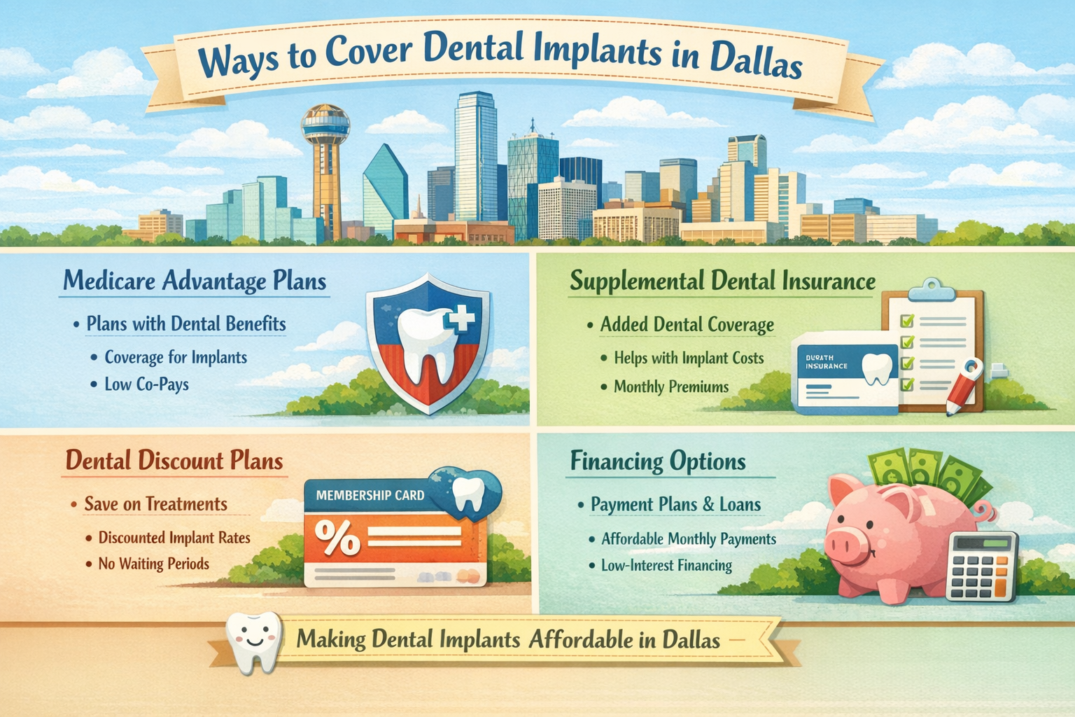 A comparative infographic in () depicting the various avenues for covering dental implant costs in Dallas beyond traditional