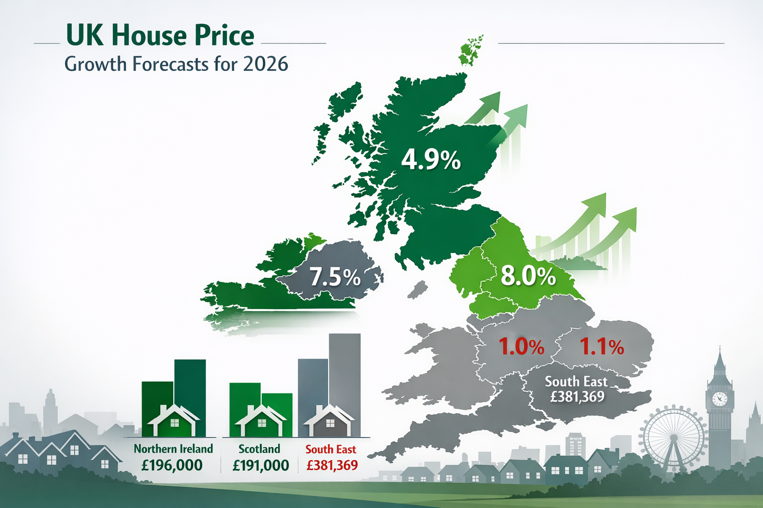 Detailed landscape format (1536x1024) infographic-style image showing UK map with color-coded regional house price growth rates for 2026, No
