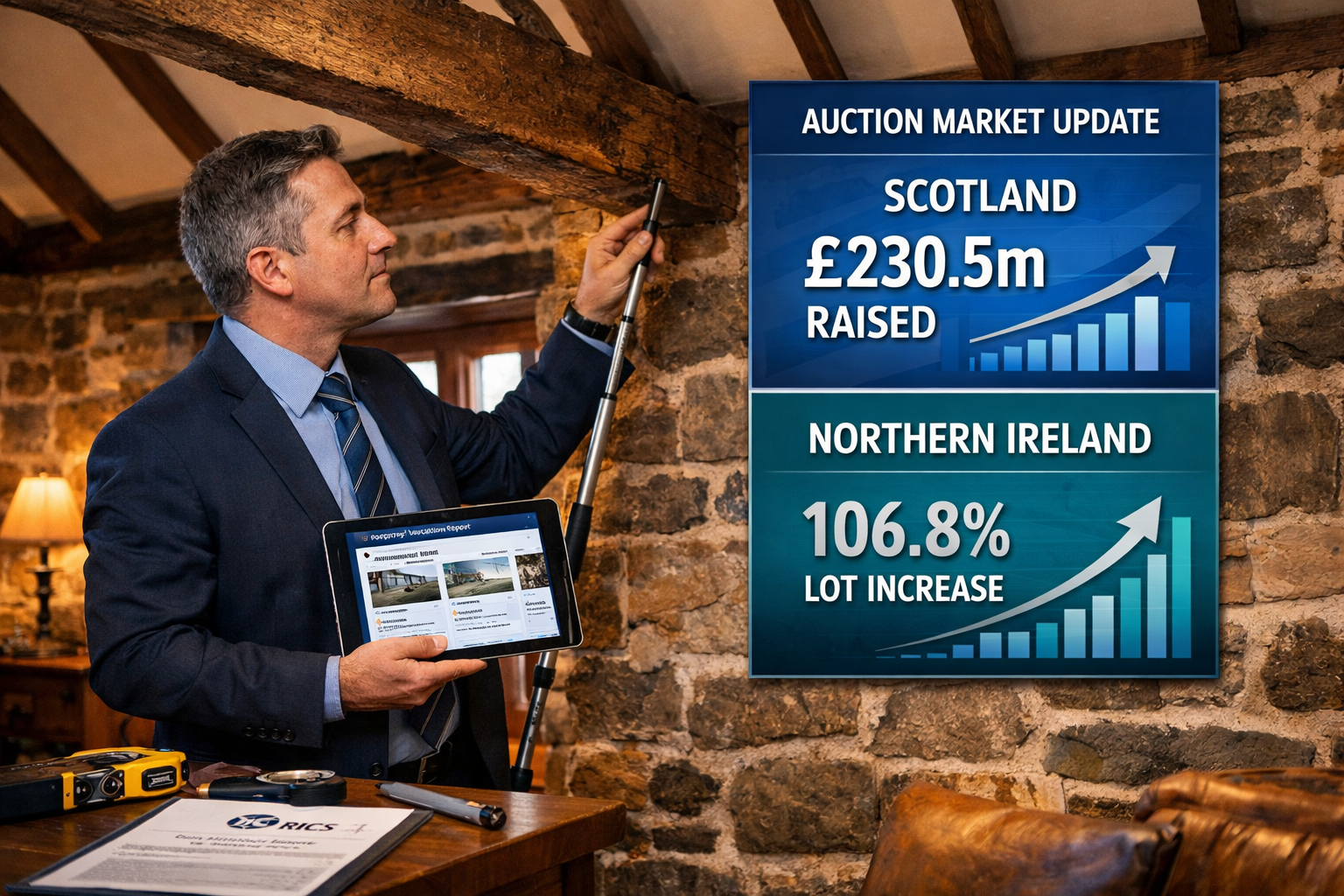Detailed landscape format (1536x1024) professional photograph showing chartered surveyor in business attire conducting property valuation in