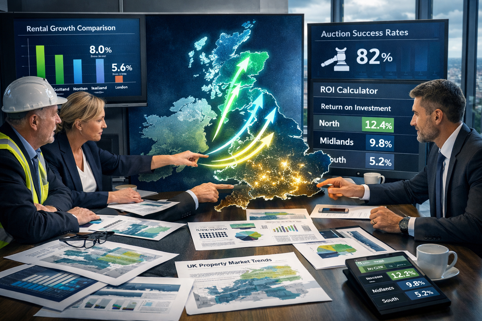 Detailed landscape format (1536x1024) conceptual business image showing property investment strategy planning session, large table with UK r