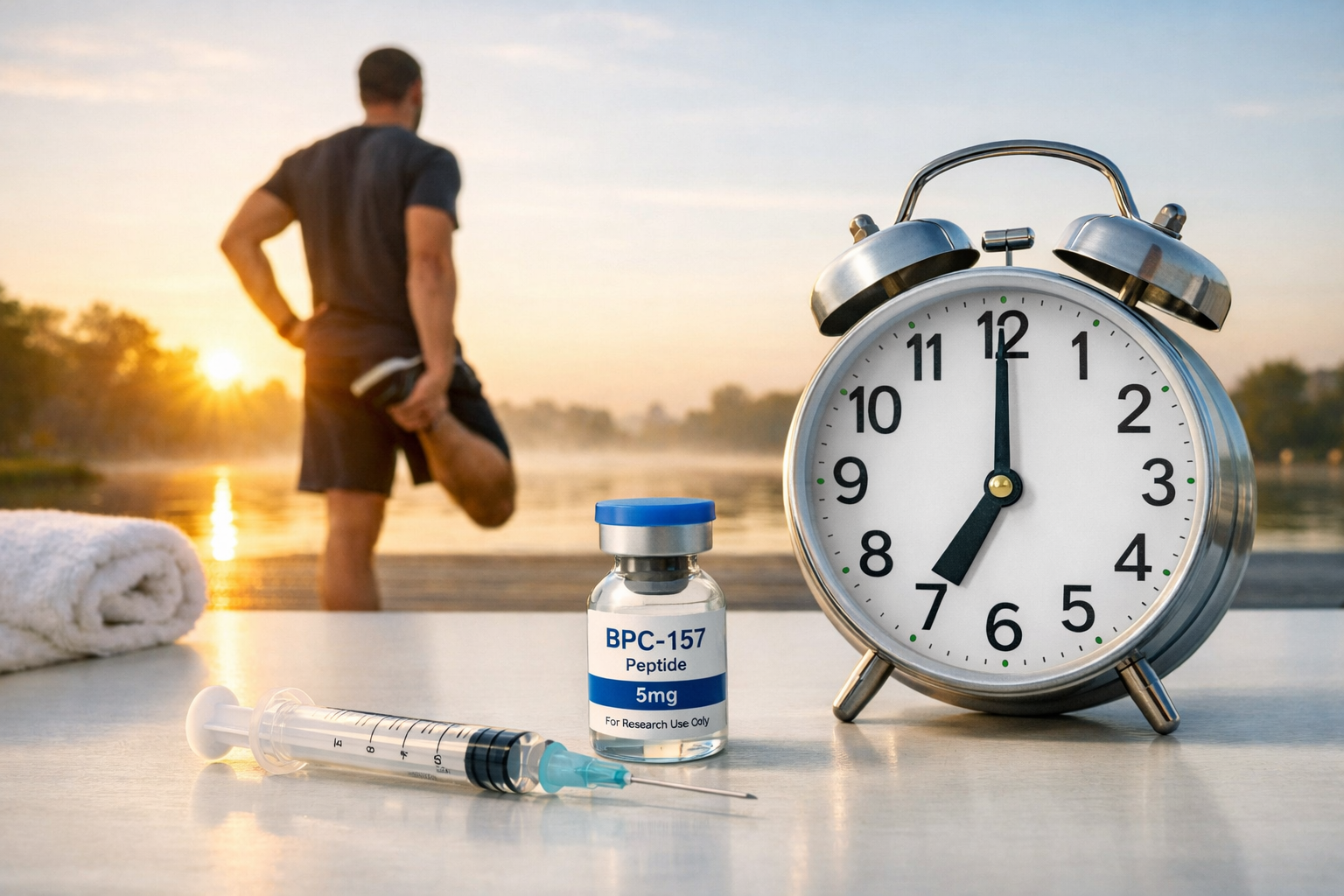 Landscape format (1536x1024) image showing morning workout scene with athlete stretching, clock showing 7 AM, BPC-157 peptide vial and syrin