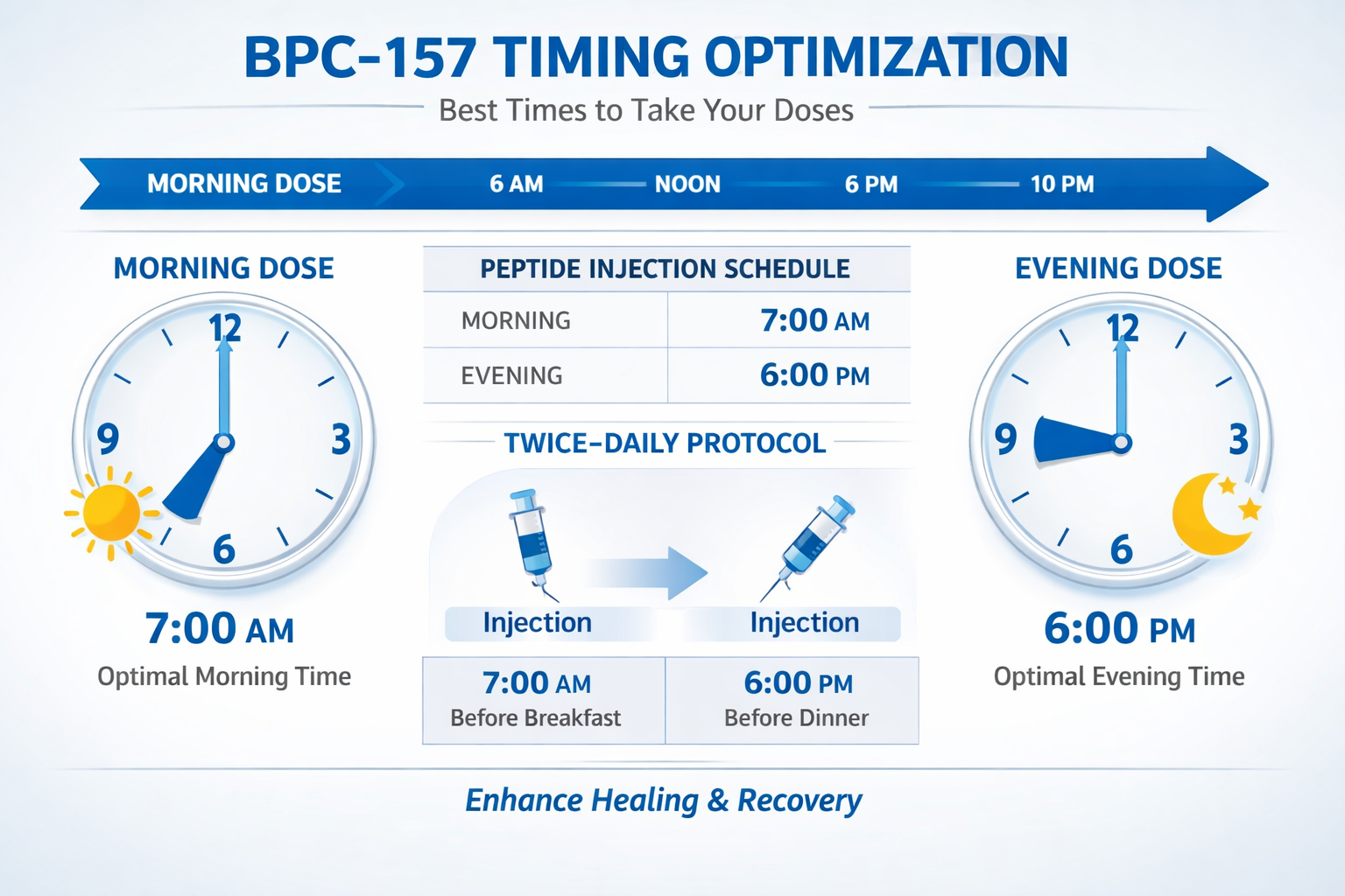 Landscape format (1536x1024) infographic-style image displaying daily dosing schedule timeline, clock faces showing morning and evening time