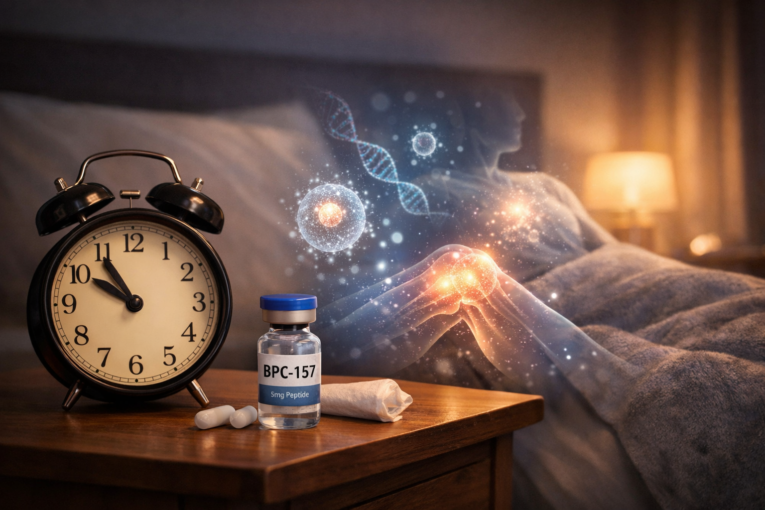 Landscape format (1536x1024) image showing evening bedtime routine setup, clock showing 10 PM, BPC-157 vial on nightstand, peaceful bedroom 