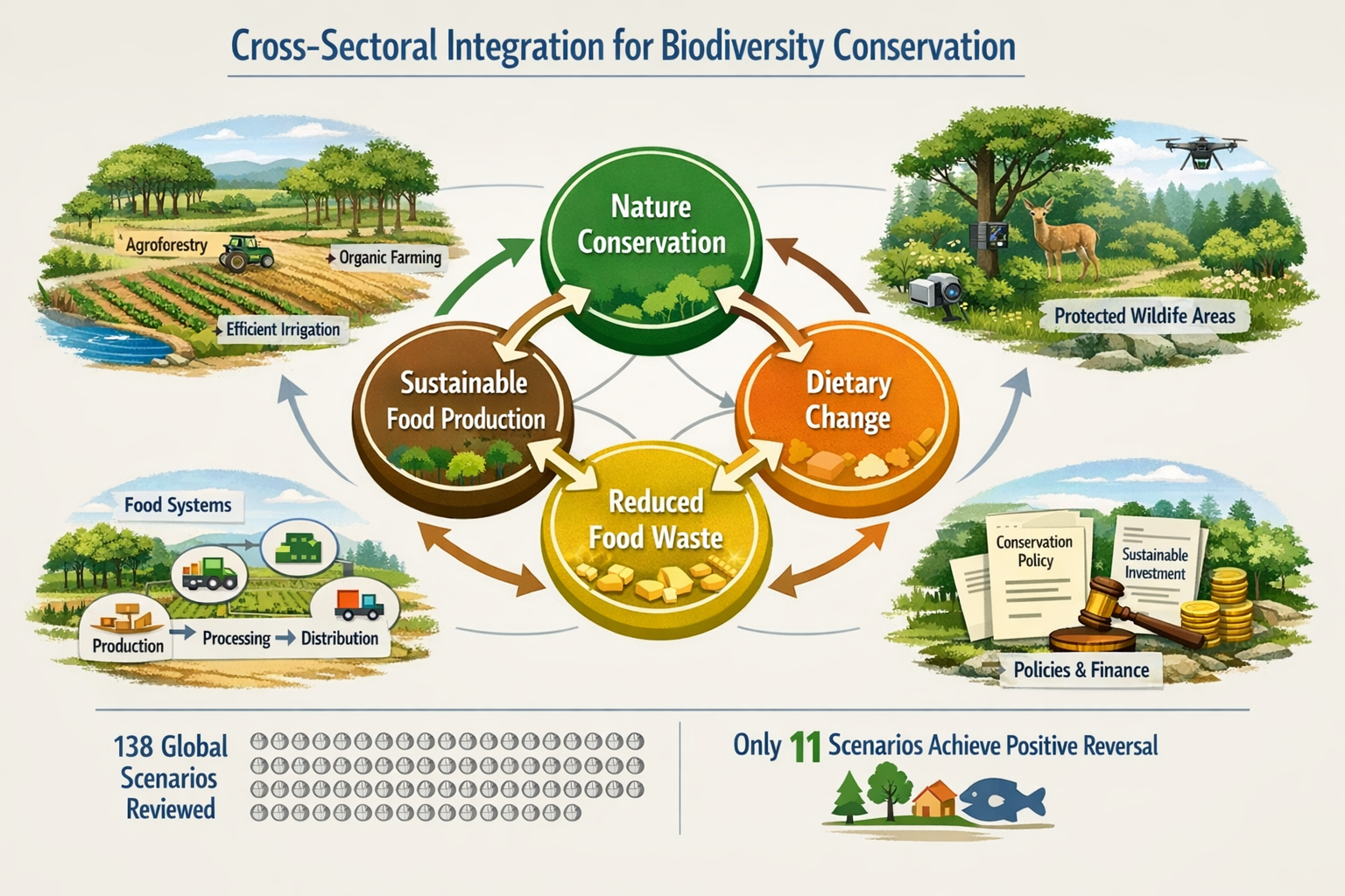 () comprehensive infographic displaying cross-sectoral integration framework for biodiversity conservation. Center shows