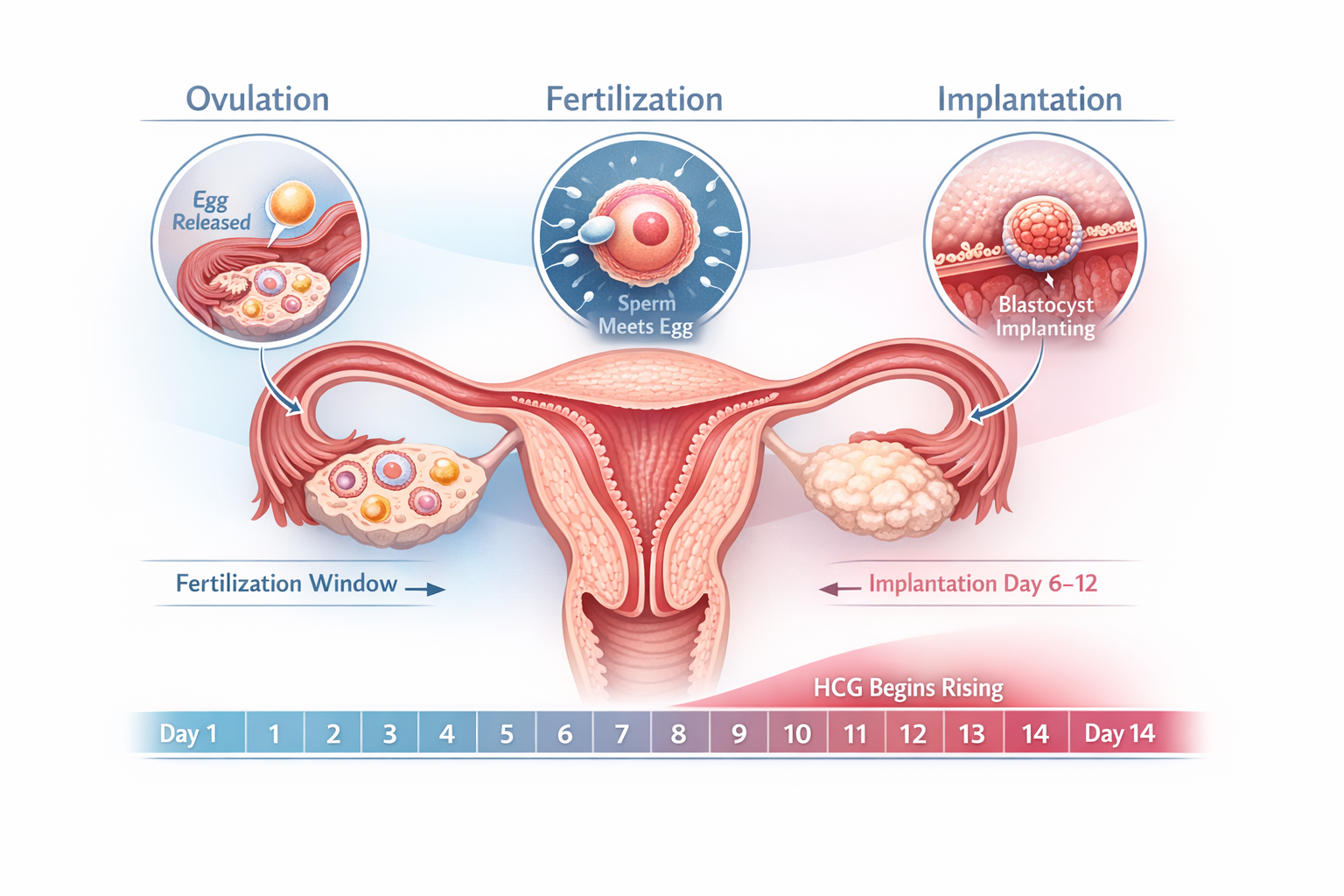 Detailed () illustration showing a female reproductive anatomy cross-section diagram with labeled stages: ovulation,