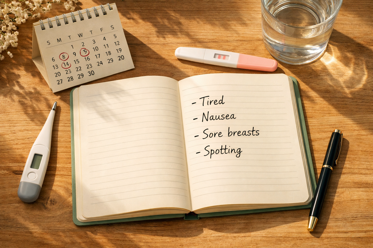 () close-up flat-lay photograph of a woman's journal open on a wooden desk showing handwritten symptom notes: 'tired',