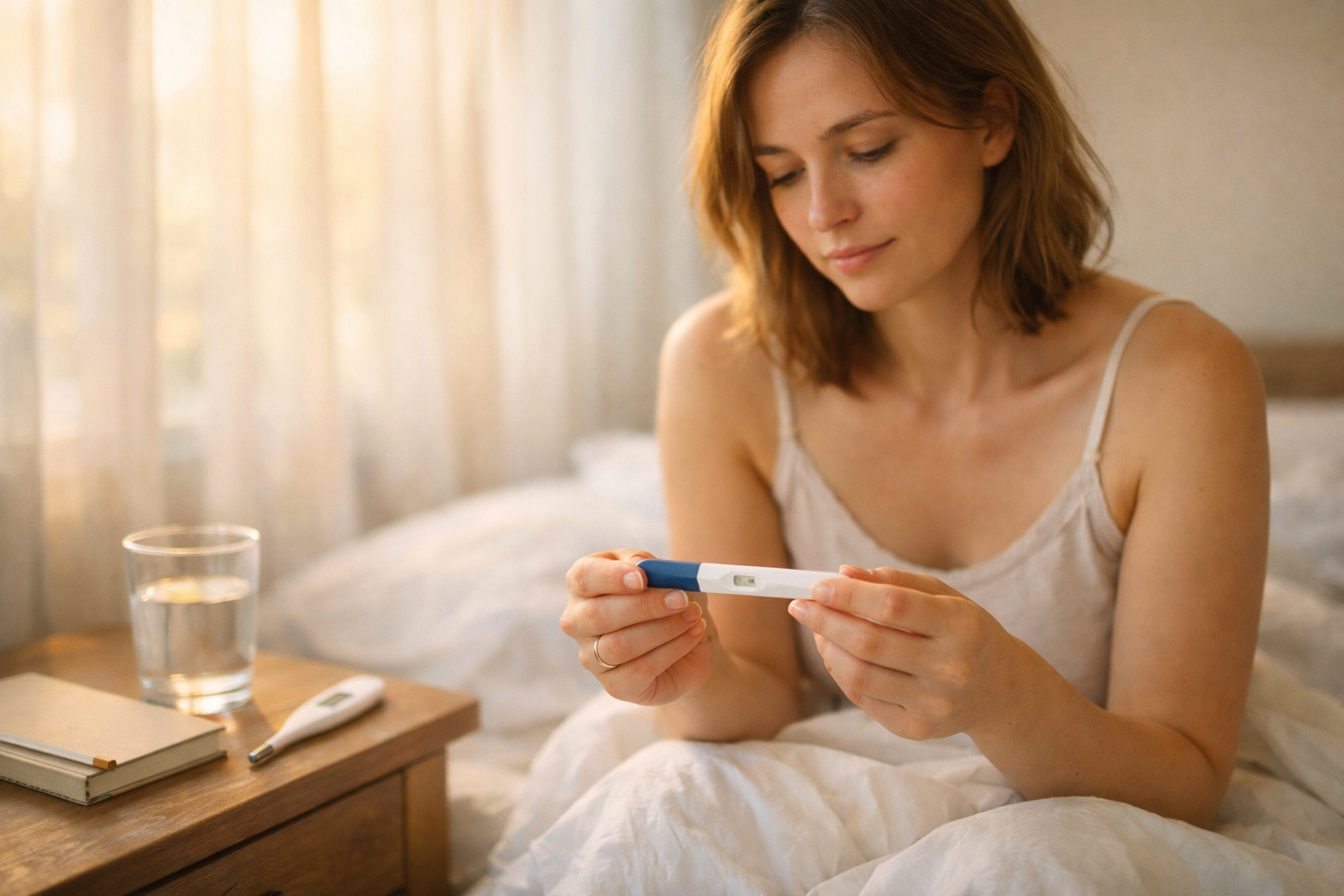 () photograph of a woman sitting on a bed in soft morning light, holding a pregnancy test and looking at it with a calm,