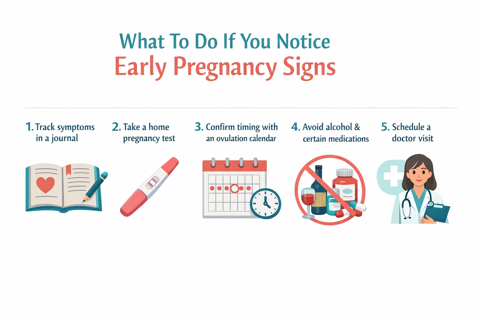 () step-by-step checklist infographic titled 'What To Do If You Notice Early Pregnancy Signs' with 5 numbered steps