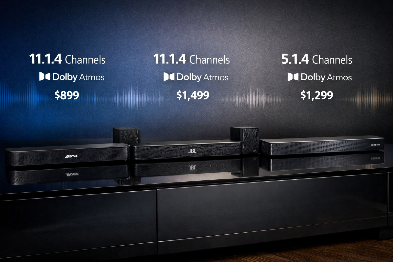 Detailed landscape format (1536x1024) image showing three premium soundbars positioned side-by-side on modern entertainment console: Bose Smart Ultra Soundbar with distinctive grille pattern on left, JBL Bar 1300X with detachable speakers in center, Samsung HW-Q990F with sleek metallic finish on right. Each soundbar has subtle brand logo visible, with floating text labels above showing key specifications: channel configuration numbers (11.1.4, 5.1.4), Dolby Atmos icons, and price points. Background features soft gradient from deep blue to charcoal with subtle audio waveform patterns. Professional product photography lighting with reflections on glossy console surface, editorial quality composition.