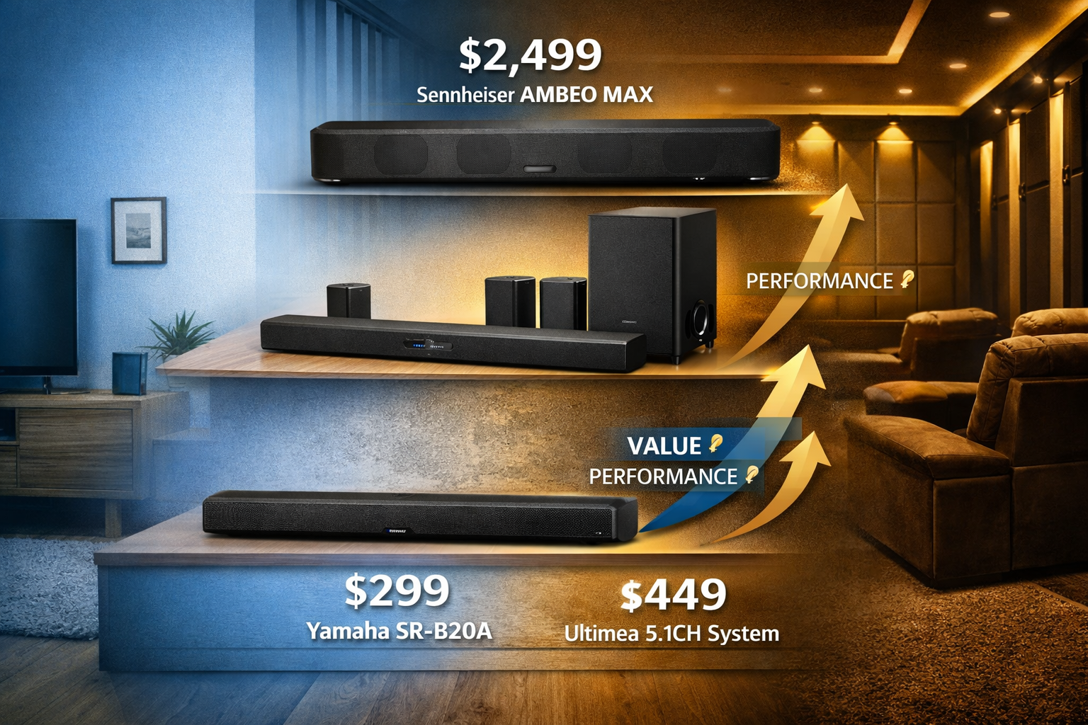 Detailed landscape format (1536x1024) image showing three premium soundbars positioned side-by-side on modern entertainment console: Bose Smart Ultra Soundbar with distinctive grille pattern on left, JBL Bar 1300X with detachable speakers in center, Samsung HW-Q990F with sleek metallic finish on right. Each soundbar has subtle brand logo visible, with floating text labels above showing key specifications: channel configuration numbers (11.1.4, 5.1.4), Dolby Atmos icons, and price points. Background features soft gradient from deep blue to charcoal with subtle audio waveform patterns. Professional product photography lighting with reflections on glossy console surface, editorial quality composition.