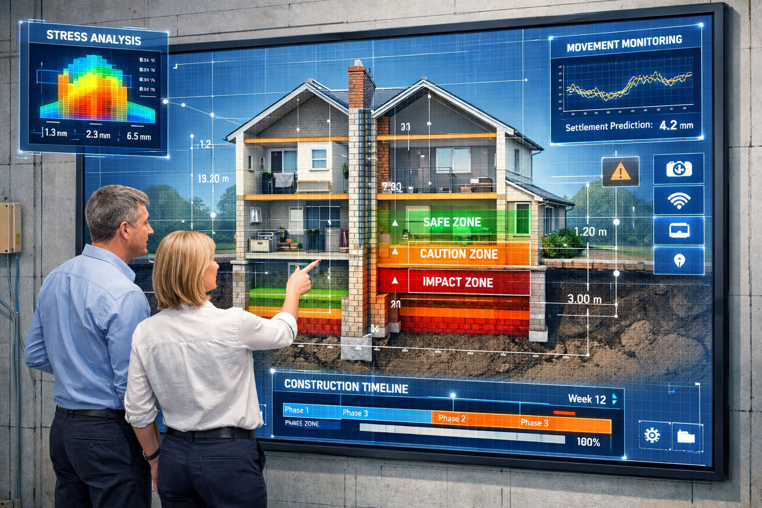 () detailed illustration showing interactive 3D digital twin interface on large touchscreen display mounted on construction
