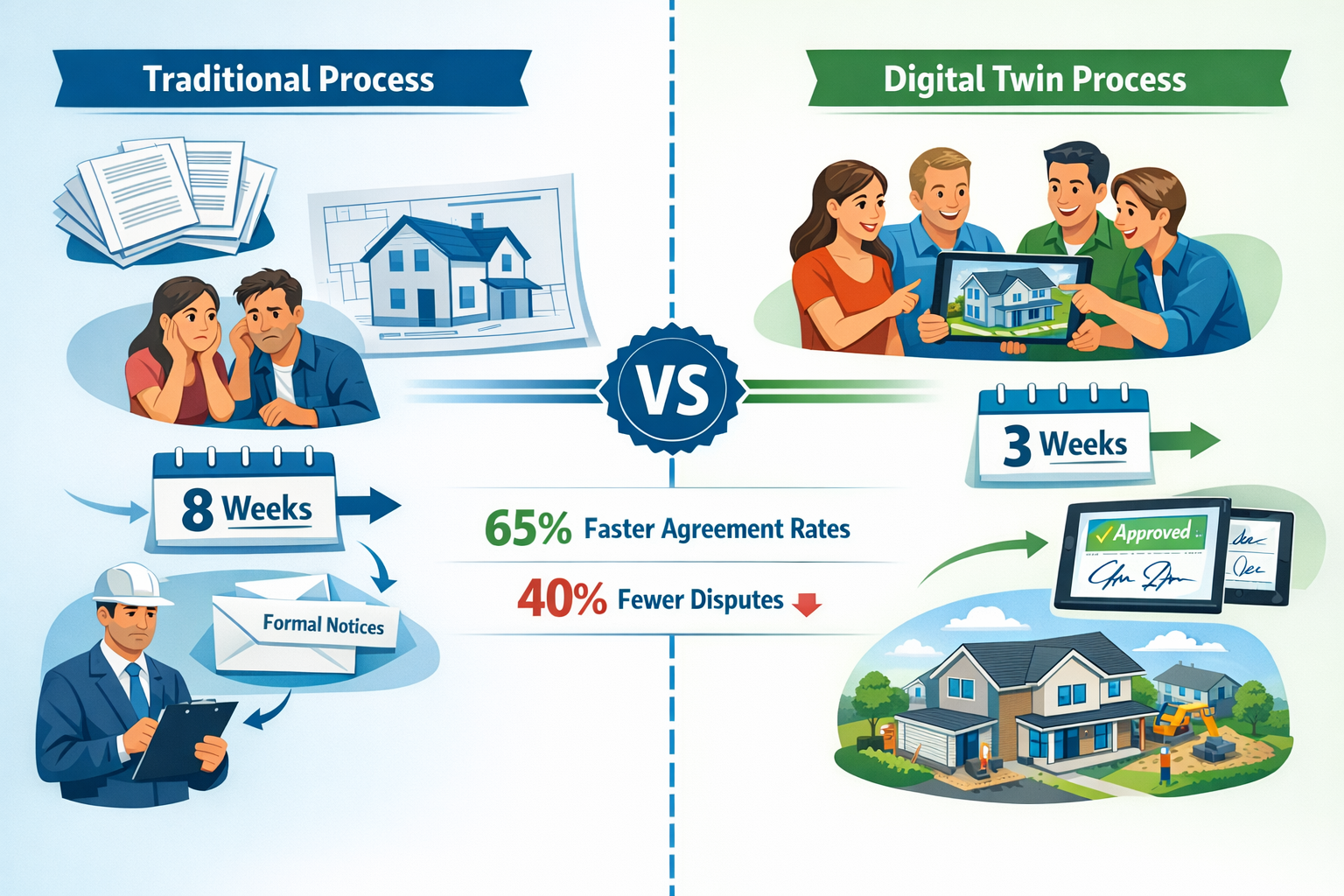 () comparison infographic showing traditional party wall dispute process versus digital twin-enhanced process. Left side