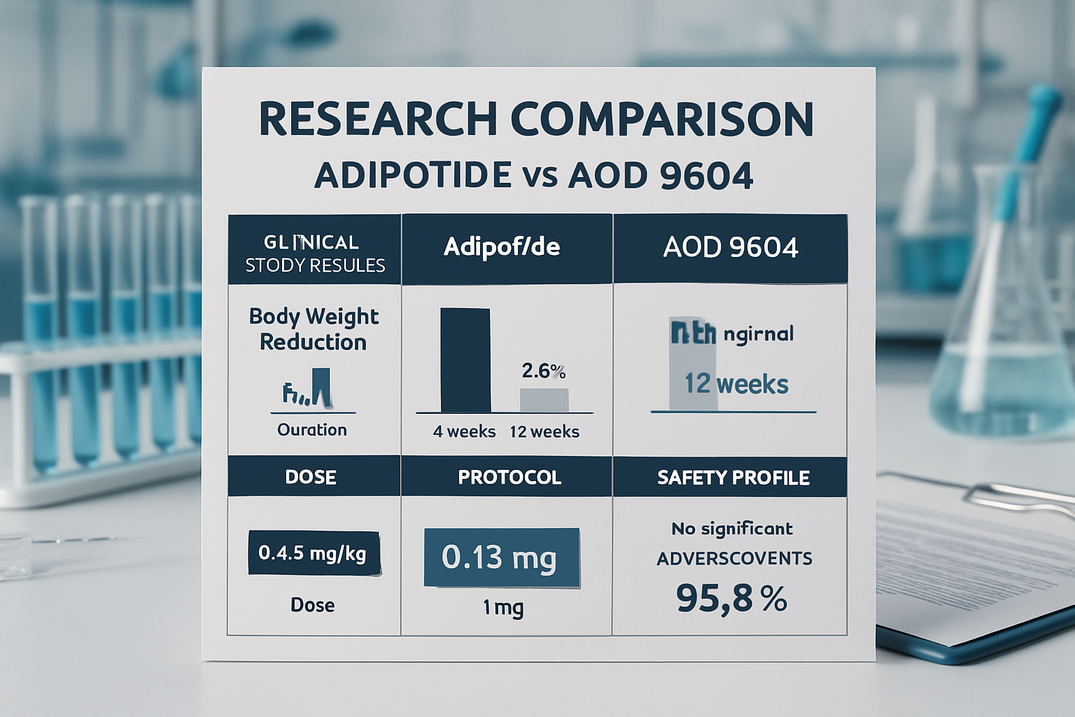 Research comparison chart displaying adipotide vs AOD 9604 clinical study results, dosage protocols, and safety profiles in organized table 