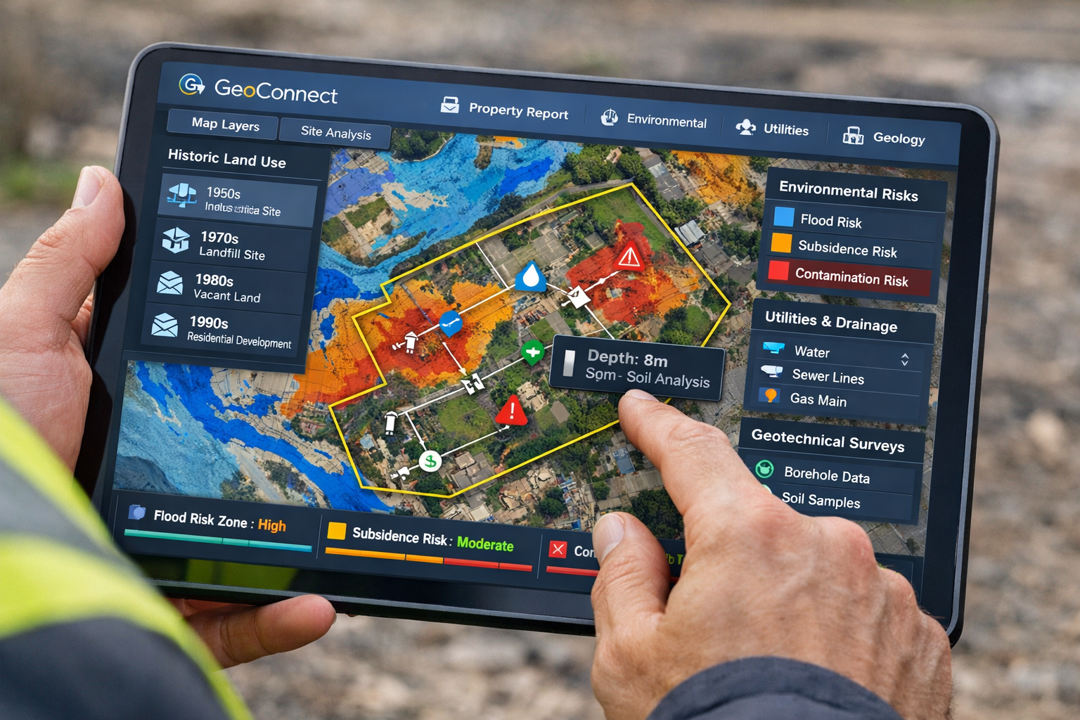 Detailed () image showing close-up of professional tablet screen displaying GeoConnect data interface with multiple layers: