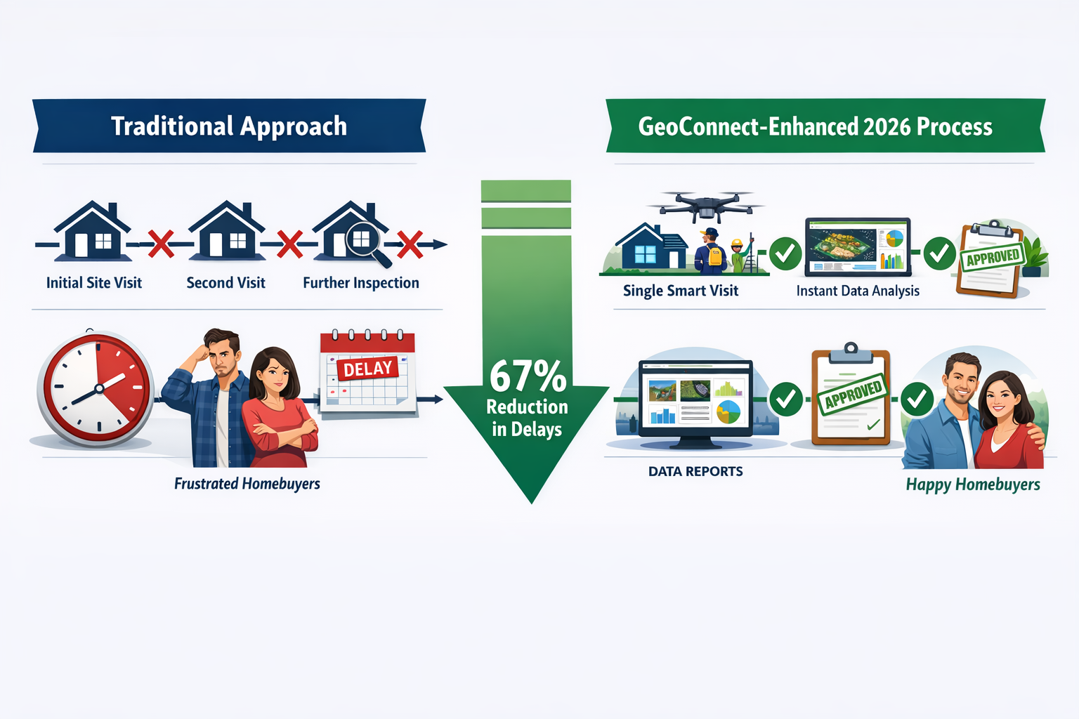 Detailed () comparative infographic illustration showing two parallel timelines: traditional survey process versus