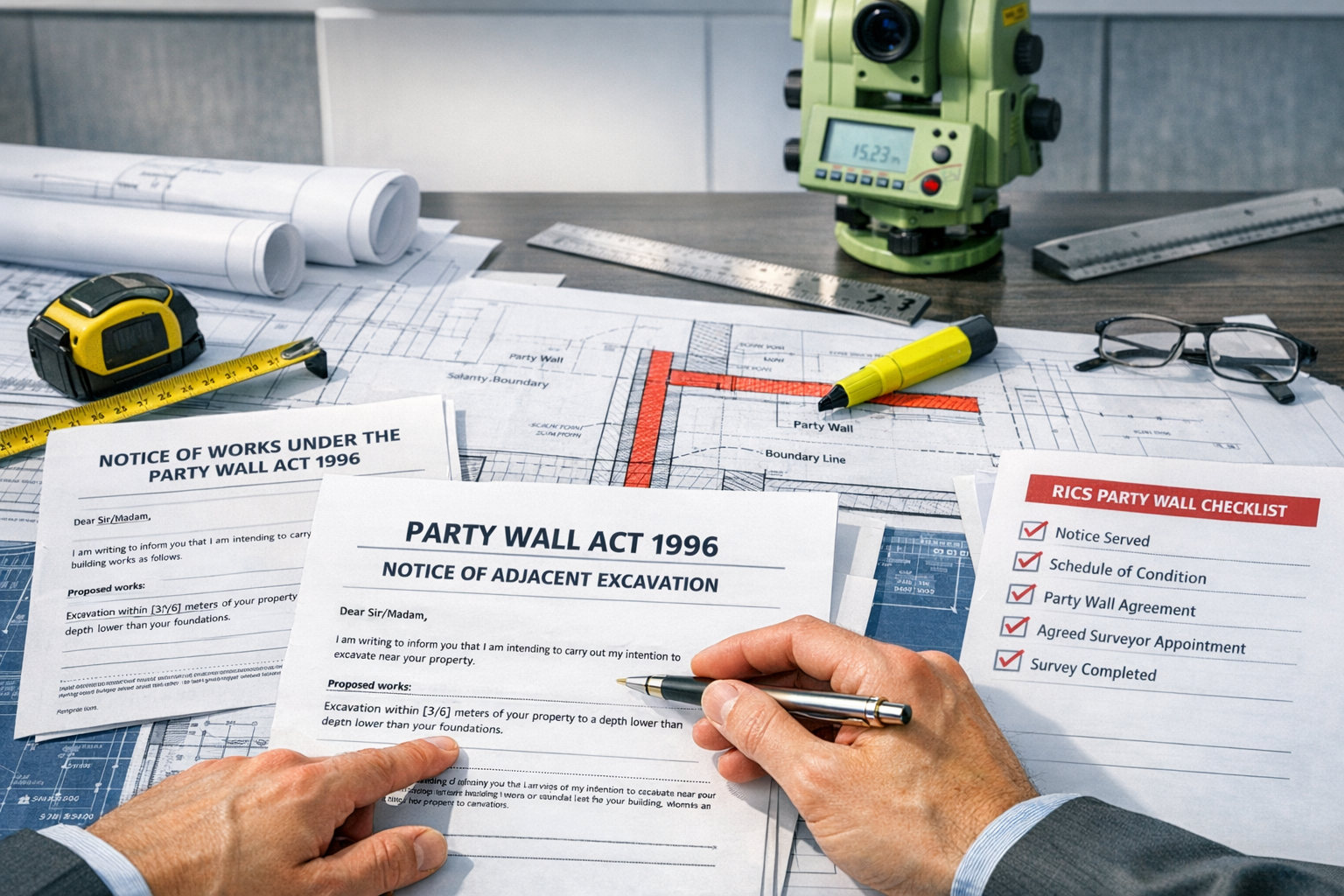 Detailed landscape format (1536x1024) image showing close-up of party wall documentation and legal framework for data center construction. S
