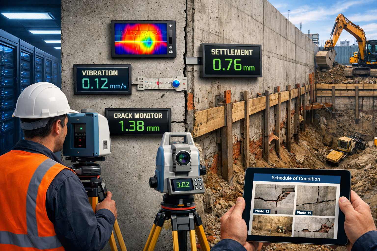 Detailed landscape format (1536x1024) image depicting precision surveying challenges specific to data center construction near party walls.