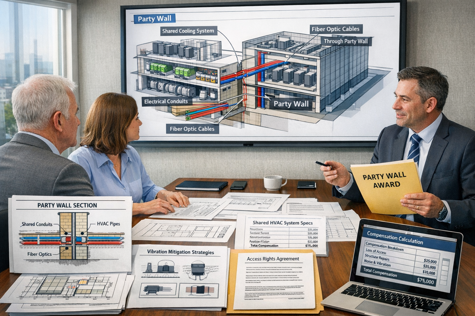 Detailed landscape format (1536x1024) image illustrating party wall awards and shared infrastructure considerations for data center builds.