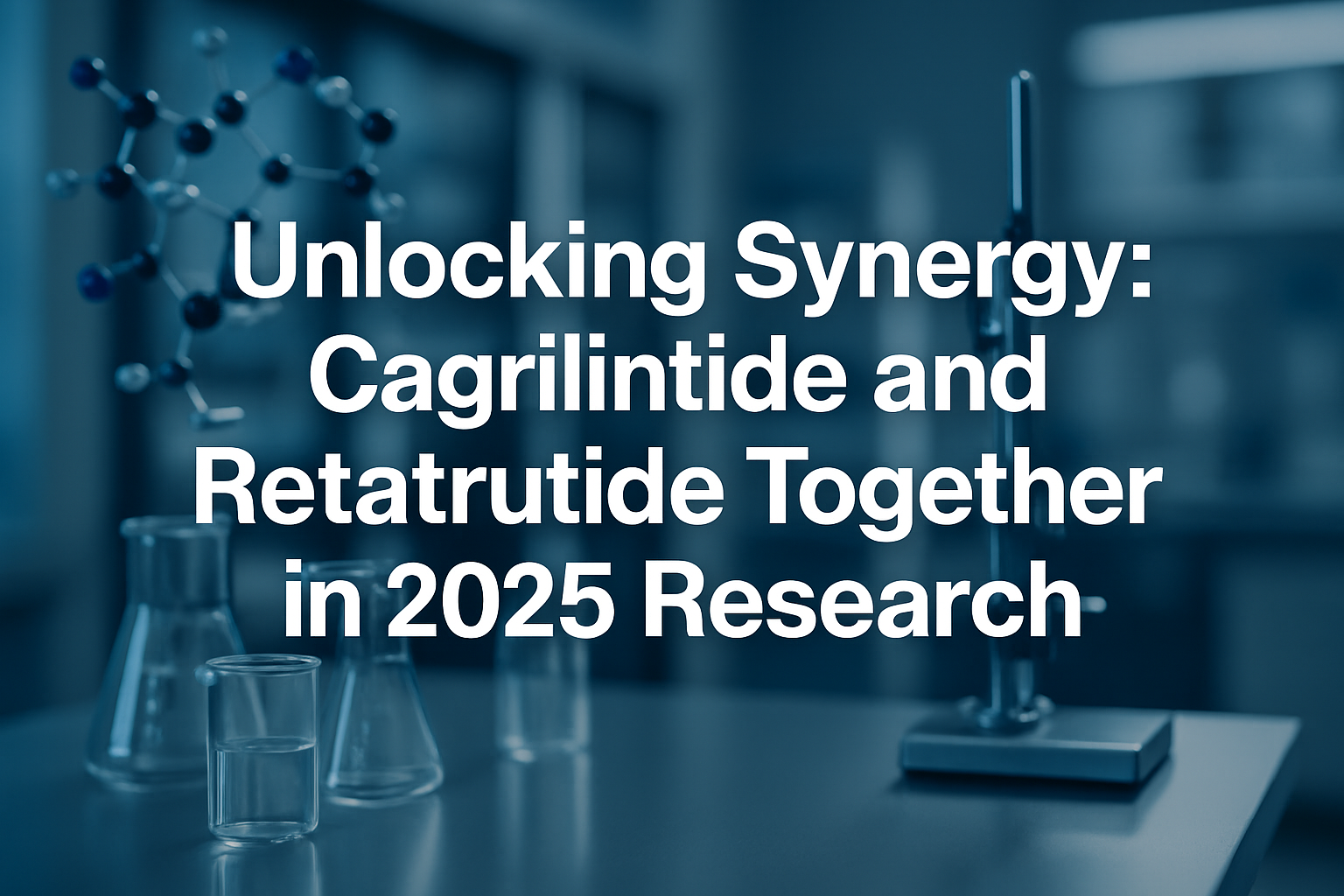 Professional landscape hero image (1536x1024) featuring bold text overlay: 'Unlocking Synergy: Cagrilintide and Retatrutide Together in 2025