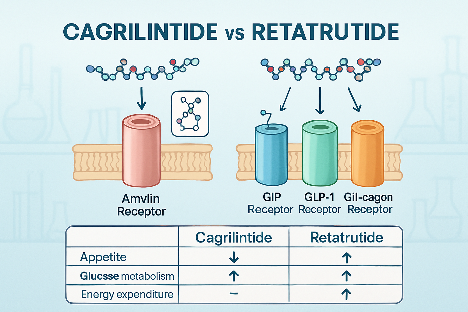 A detailed infographic illustrating the distinct mechanisms of action for cagrilintide and retatrutide, depicted side-by-side with scientifi