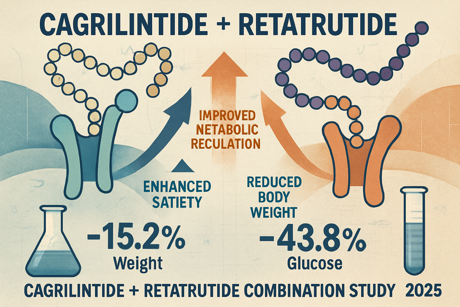 A scientific visual depicting the hypothetical synergistic effects of cagrilintide and retatrutide together. This could be an abstract repre