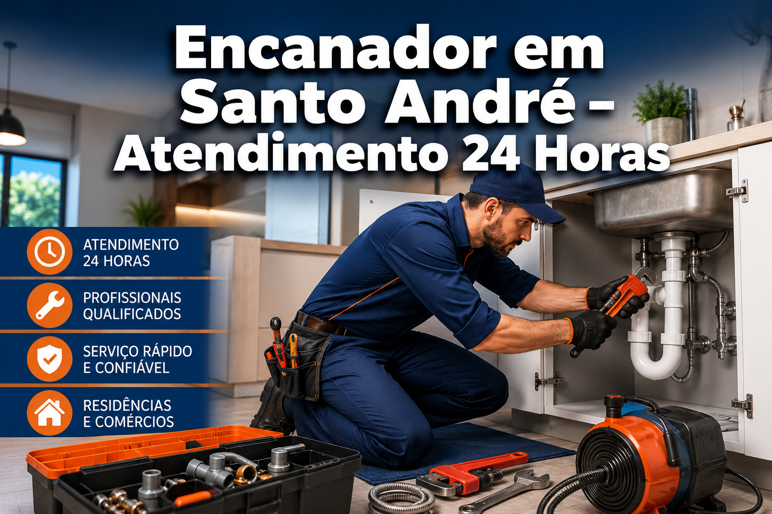 Imagem profissional em formato paisagem () com texto em destaque 'Encanador em Santo André – Atendimento 24 Horas' em fonte