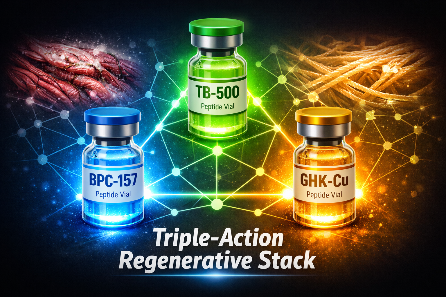 Detailed () editorial illustration showing three glowing peptide vials labeled BPC-157, TB-500, and GHK-Cu arranged in a