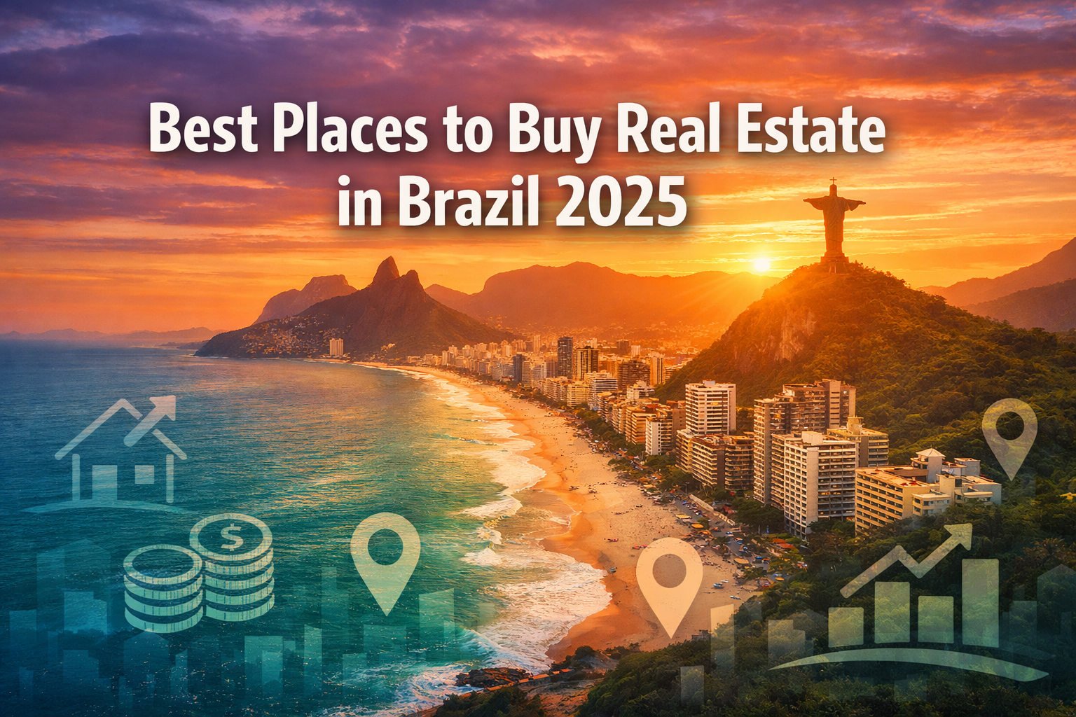 Professional landscape hero image (1536x1024) featuring bold text overlay 'Best Places to Buy Real Estate in Brazil 2025' in extra large 72p