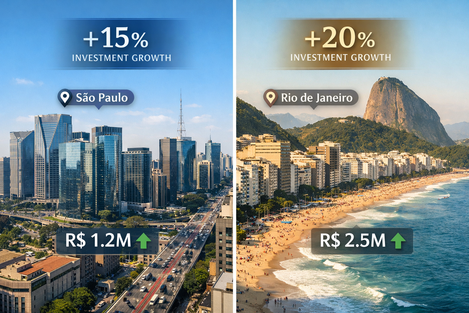 Detailed landscape editorial image (1536x1024) showing split-screen comparison of Brazil's top real estate markets: left side features São P