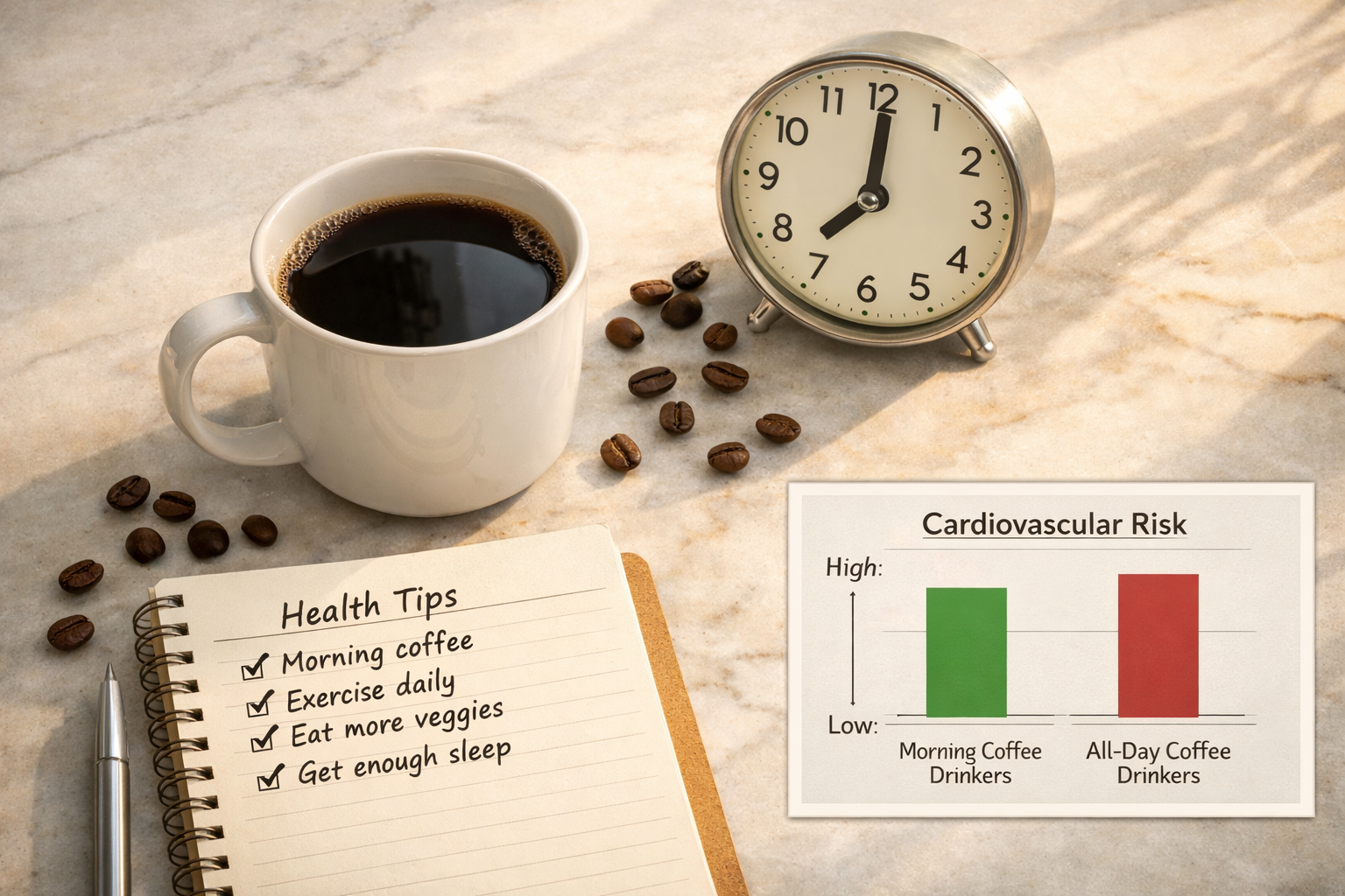 Detailed () showing a top-down view of a morning coffee ritual: a single white ceramic mug of black coffee on a light marble